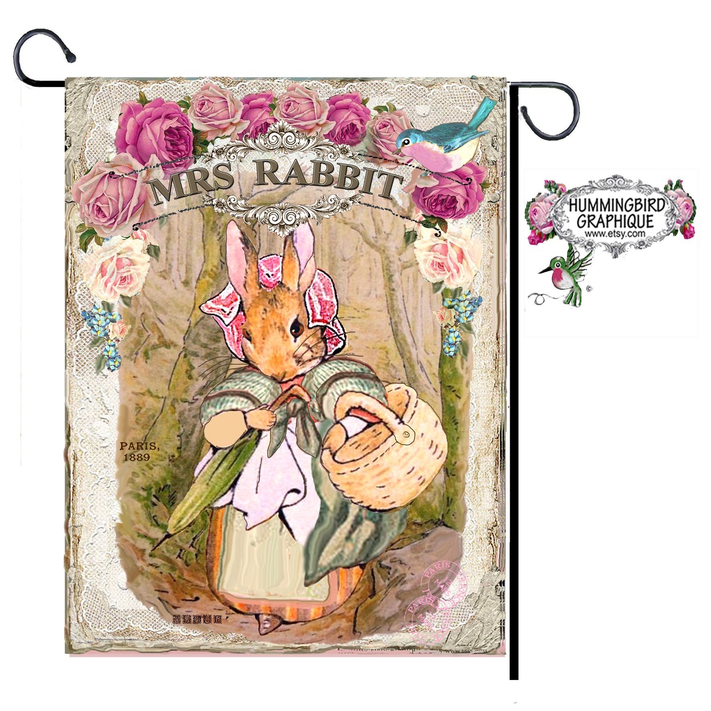 #407 MRS RABBIT WITH BLUEBIRD HER BASKET AND UMBRELLA - BUNNIES