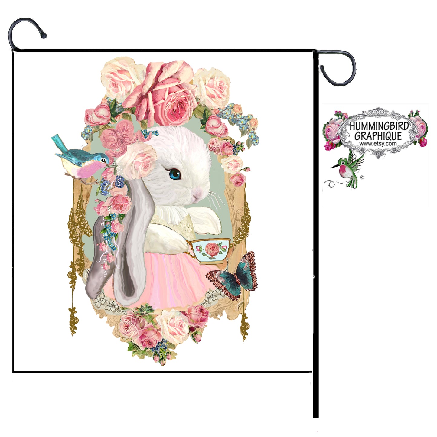 #421 CONEJITO BEBÉ CON PÁJARO AZUL Y ROSAS - HERMOSA IMAGEN SHABBY