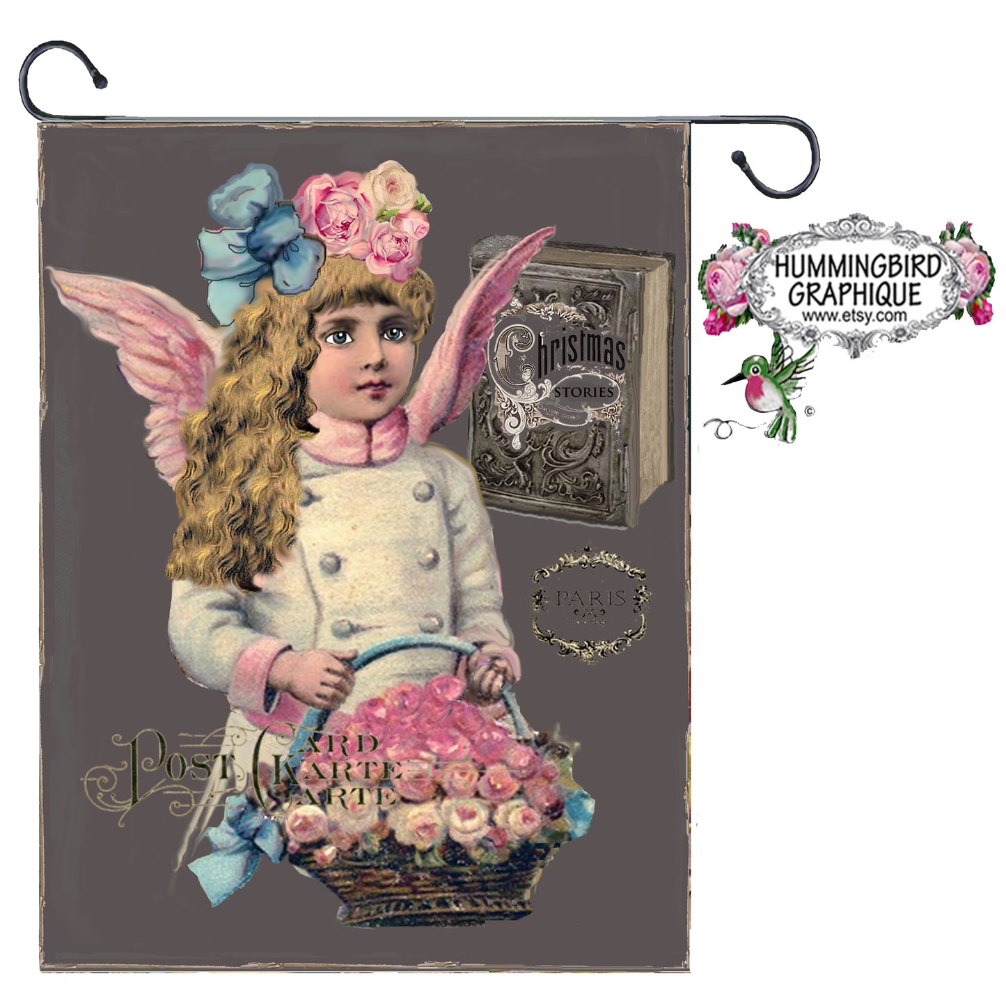 #69 TABLEAU NOIR BEL ANGE AVEC PANIER DE ROSES ET LIVRE DE NOËL - BELLE IMAGE SHABBY