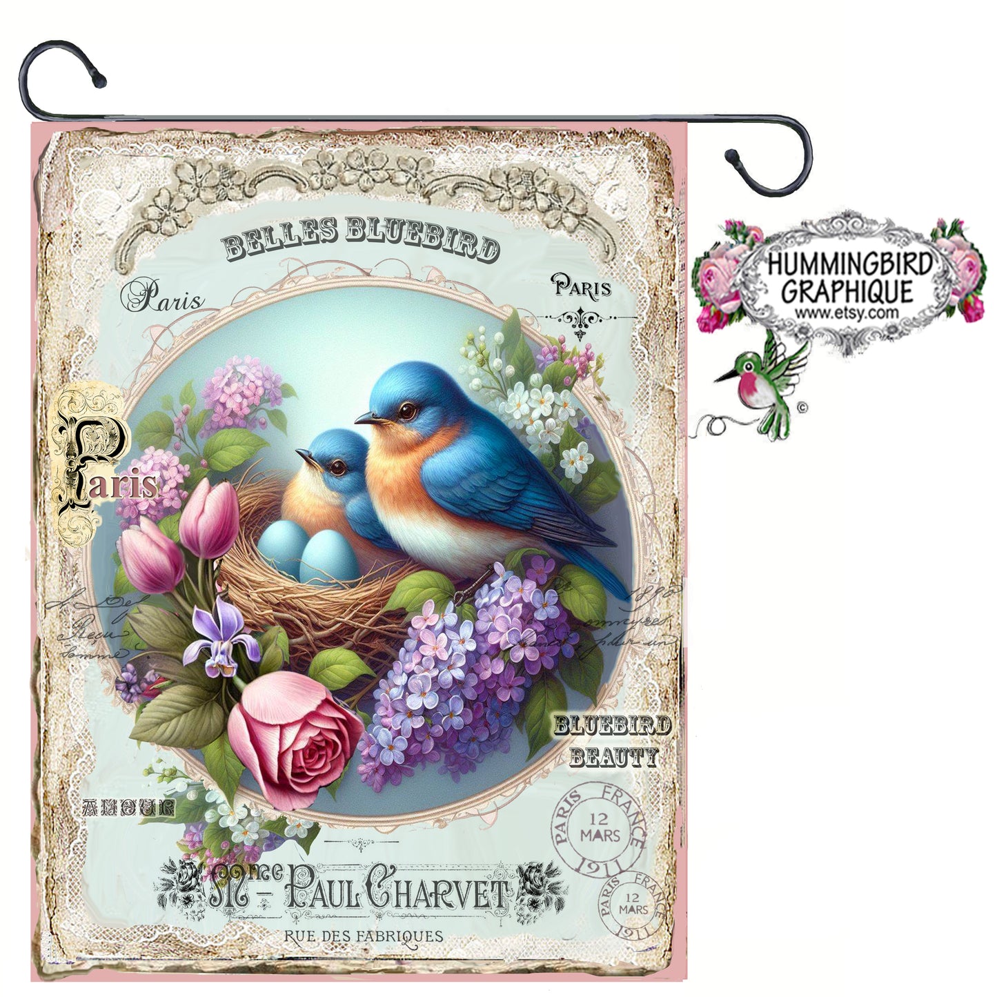 #301BB BEAUTIFUL BLUEBIRDS WITH FRENCH WORDS ON LACE - BEAUTIFUL SHABBY IMAGE