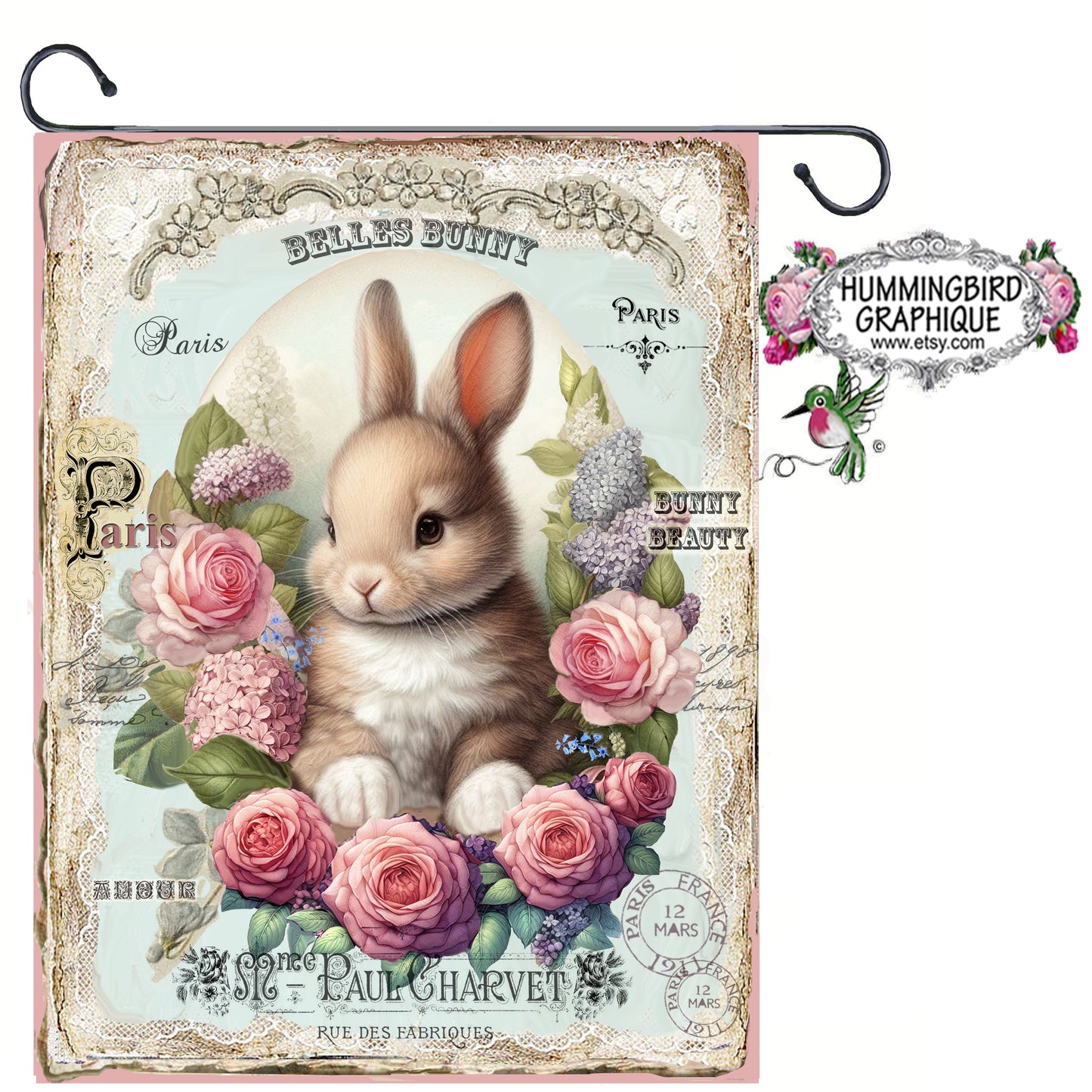 #301B PRECIOUS BABY BUNNY WITH FRENCH WORDS ON LACE - BUNNIES