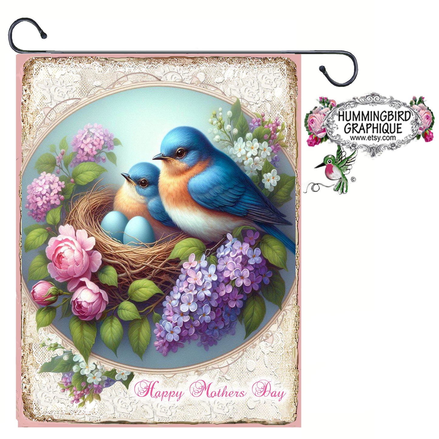 #1245 BEAUX MERLES BLEUS DANS UN NID AVEC DES LILAS ET DES ROSES AU NID - BELLE IMAGE SHABBY