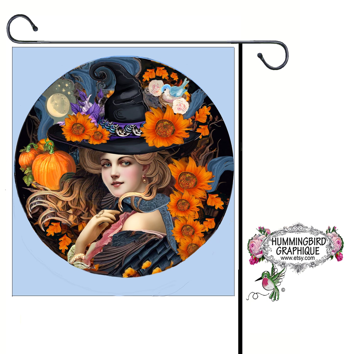 #1208 WITCH WITH MOON AND SUNFLOWERS CIRCLE DOOR HANGER - AUTUMN HARVEST