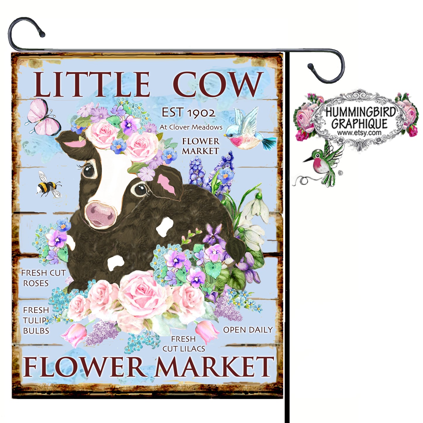 #1178 LITTLE COW FLOWER MARKET FRESH TULIIP BULBS WOODEN SIGN - COUNTRY IMAGE