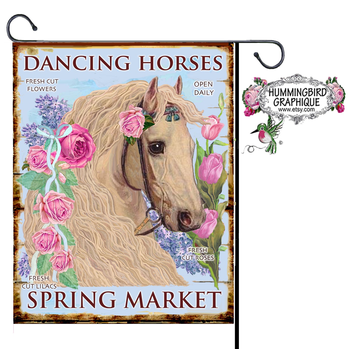 #1176 DANCING HORSES SPRING MARKET WOODEN SIGN - COUNTRY IMAGE