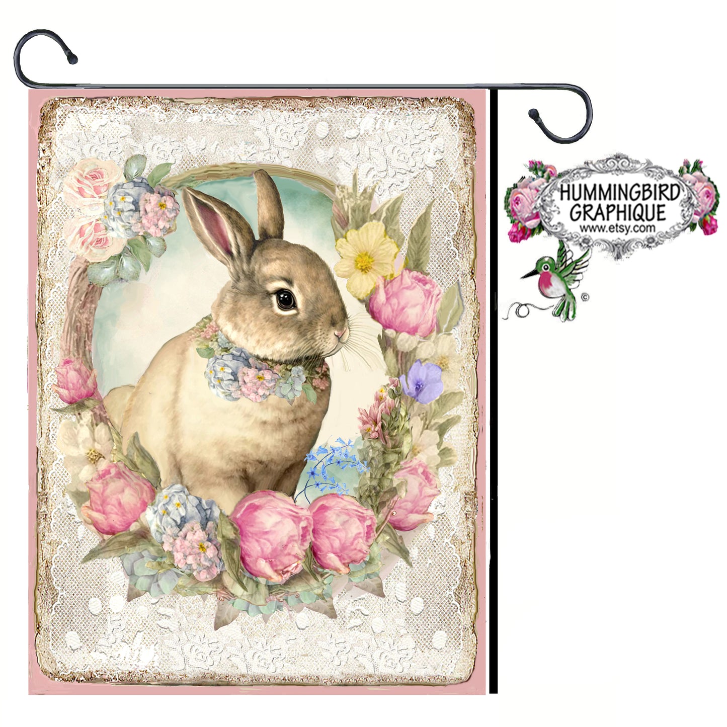 #1228 BEAUTIFUL EASTER BUNNY WITH TULIPS DAFFODILS ROSES - BUNNIES