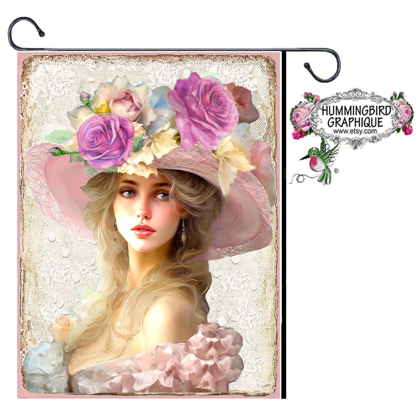 #1218 BELLE DAME VICTORIENNE AVEC CHAPEAU ROSE ET ROSES - BELLE IMAGE SHABBY