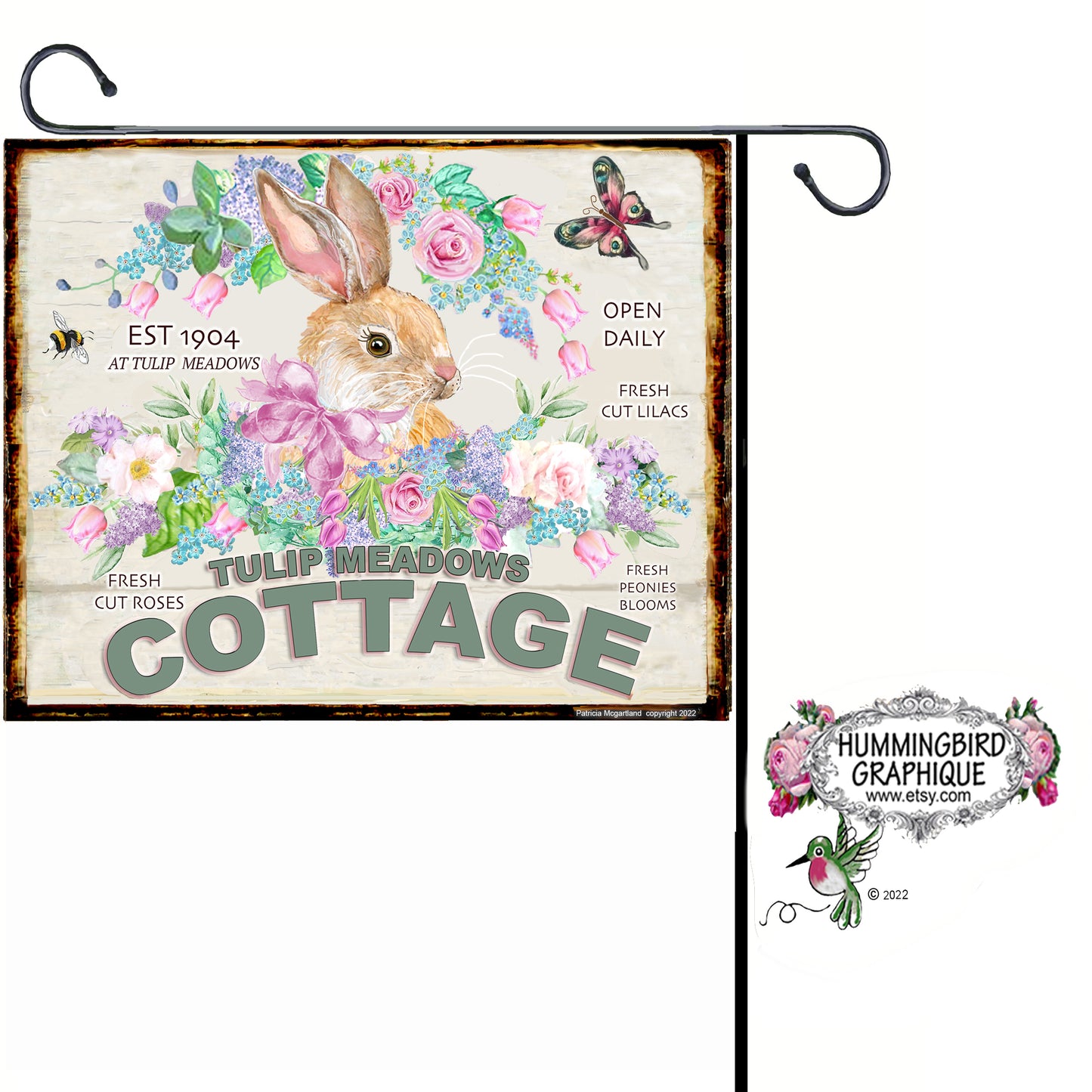 #1100 TULIP MEADOWS COTTAGE WOODEN BOARD SIGN - COUNTRY IMAGE