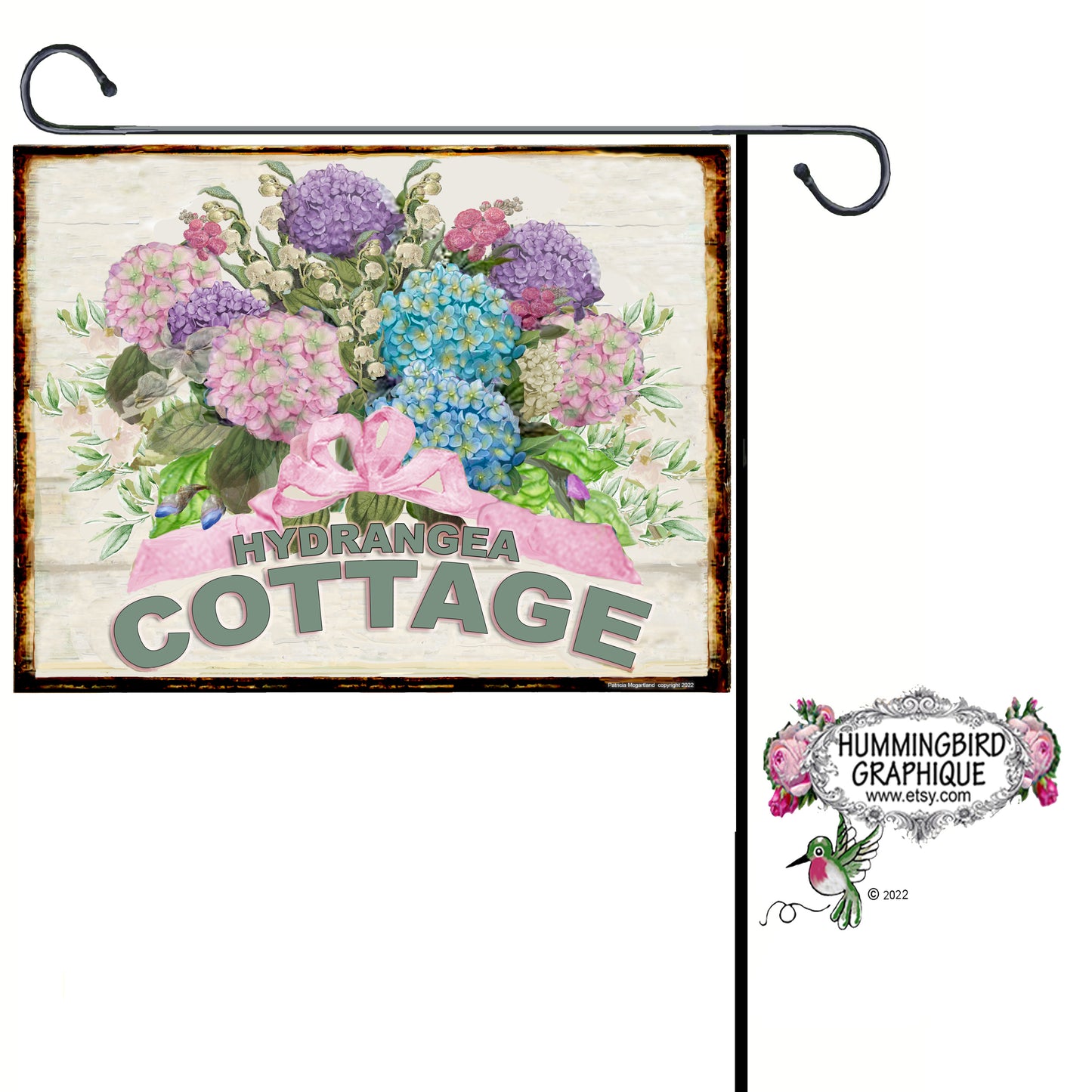 #1096 BEAUTIFUL HYDRANGEA COTTAGE WOOD BOARD SIGN - COUNTRY IMAGE