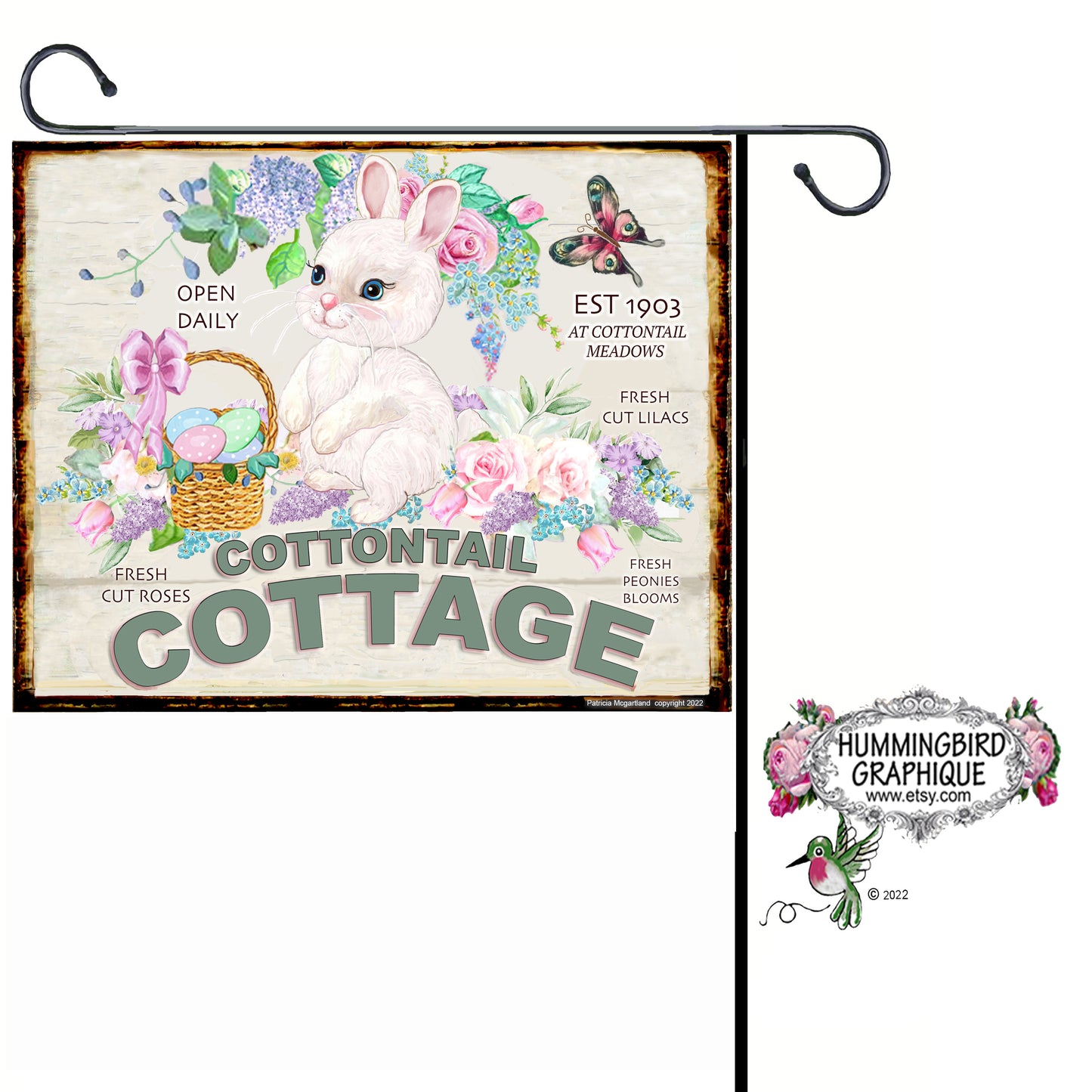 #1098 PRECIOUS COTTONTAIL COTTAGE WITH EASTER BASKET AND ROSES- COUNTRY IMAGE