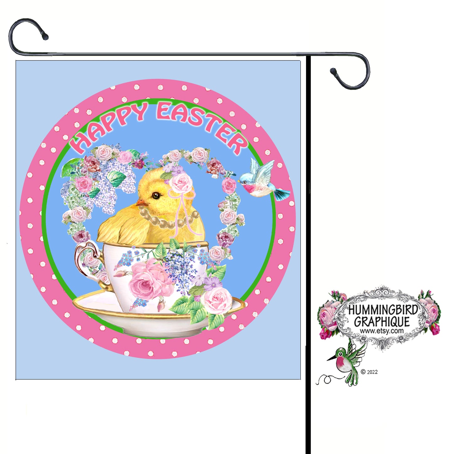 #1093 LITTLE CHICK IN TEACUP HAPPY EASTER CIRCLE DOOR HANGER SIGN - DOOR HANGER