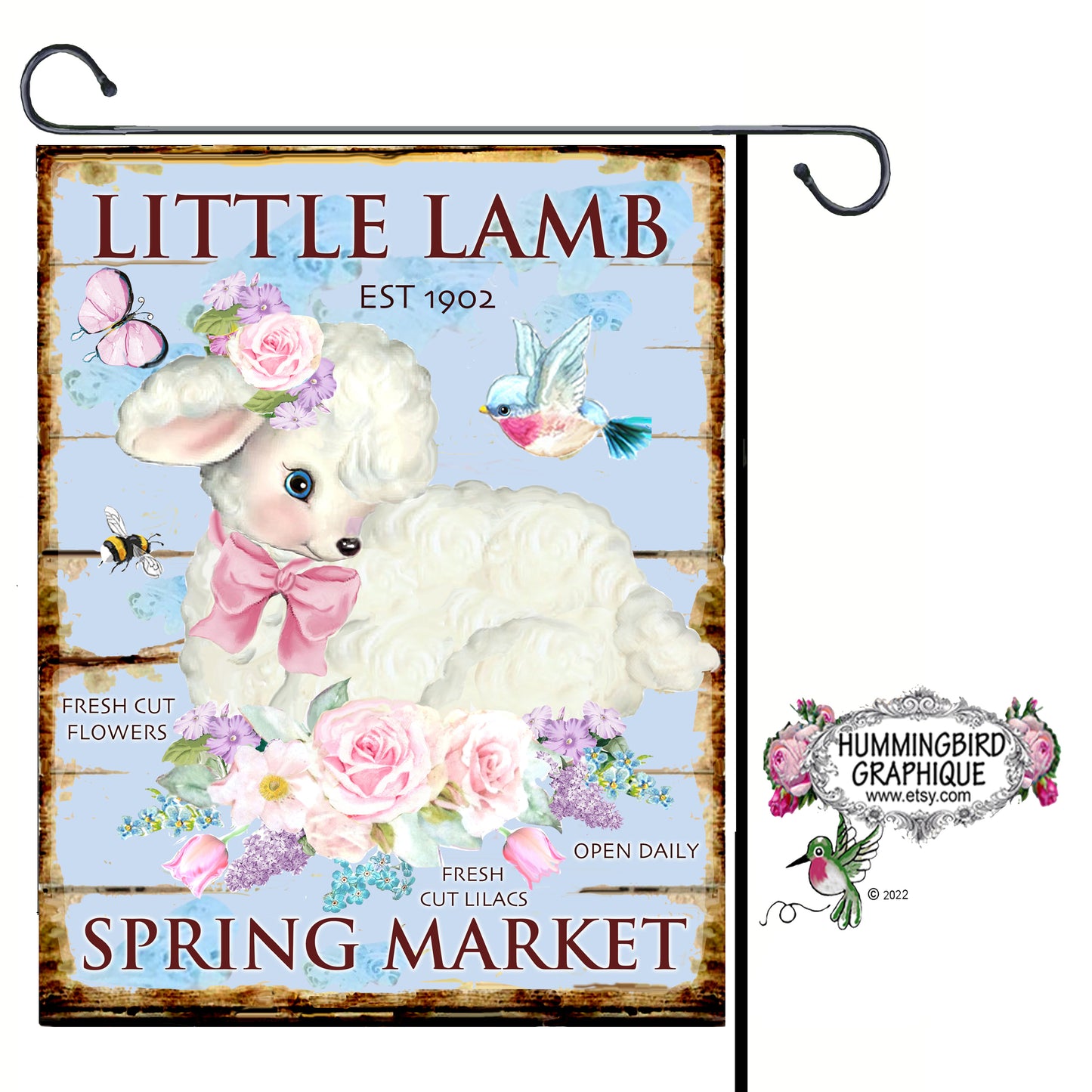 #1087 LITTLE LAMB SPRING MARKET WITH ROSES AND BLUEBIRDS SIGN - COUNTRY SIGN