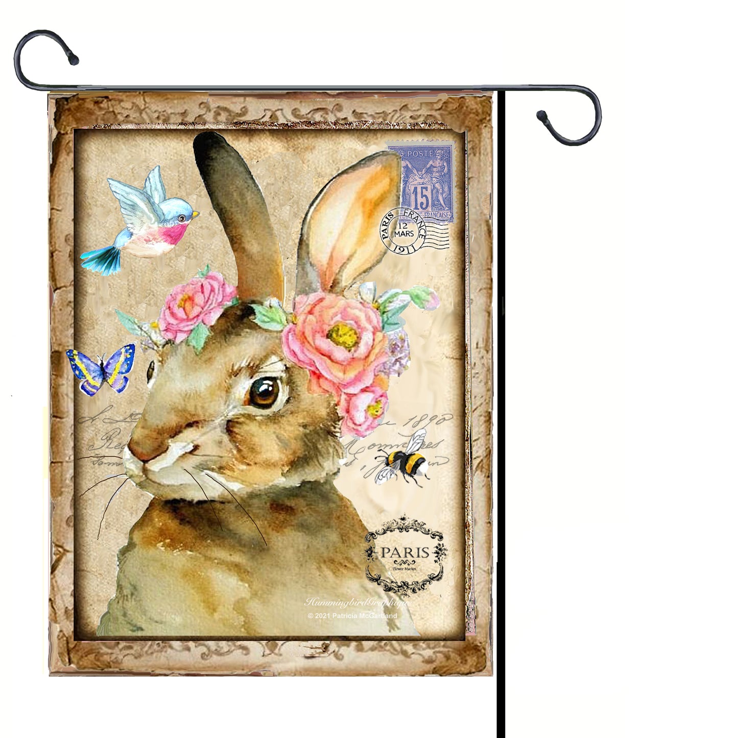 #1012 COUNTRY BUNNY WITH ROSES HONEY BEE BUTTERFLY - BUNNIES