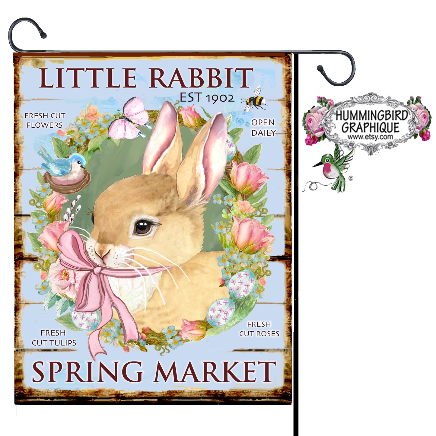 #1175 PETIT LAPIN MARCHÉ DE PRINTEMPS TULIPES FRAÎCHES PANNEAU EN BOIS - MARCHÉ DE CAMPAGNE