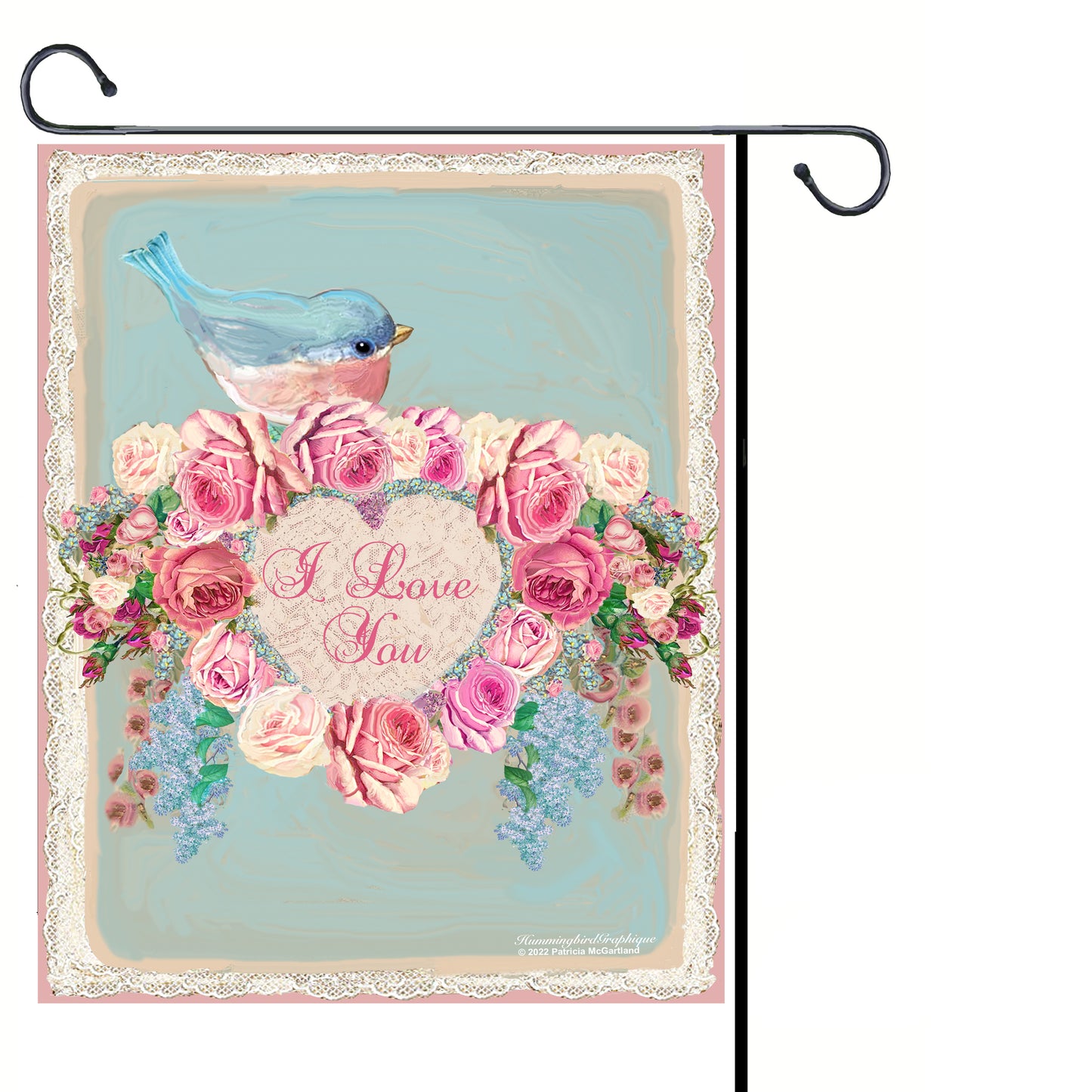 #1070A TE AMO PÁJARO AZUL Y CORAZÓN DE ROSAS - HERMOSA IMAGEN SHABBY