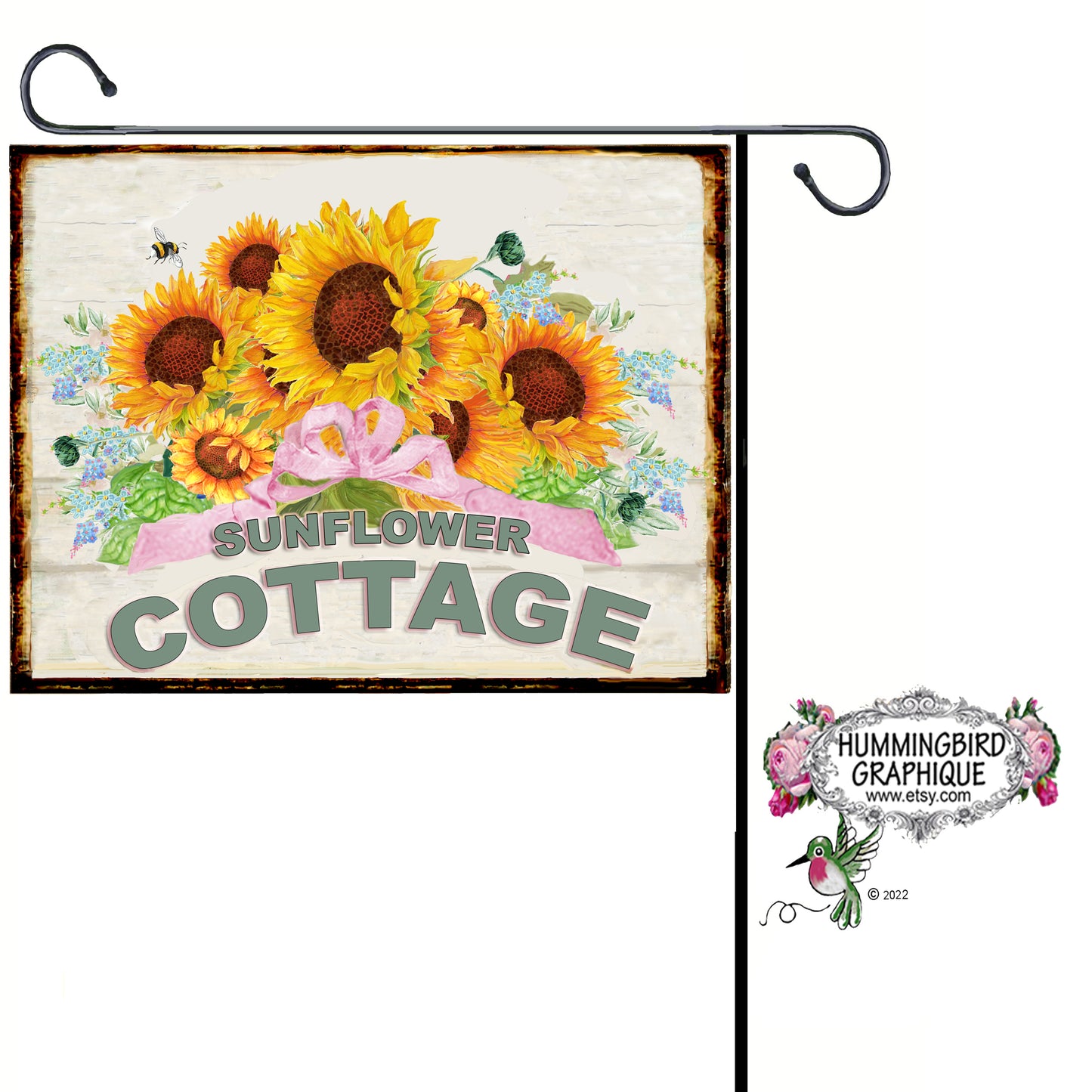 #1097 BEAUTIFUL SUNFLOWER COTTAGE WOODEN BOARD SIGN - COUNTRY IMAGE