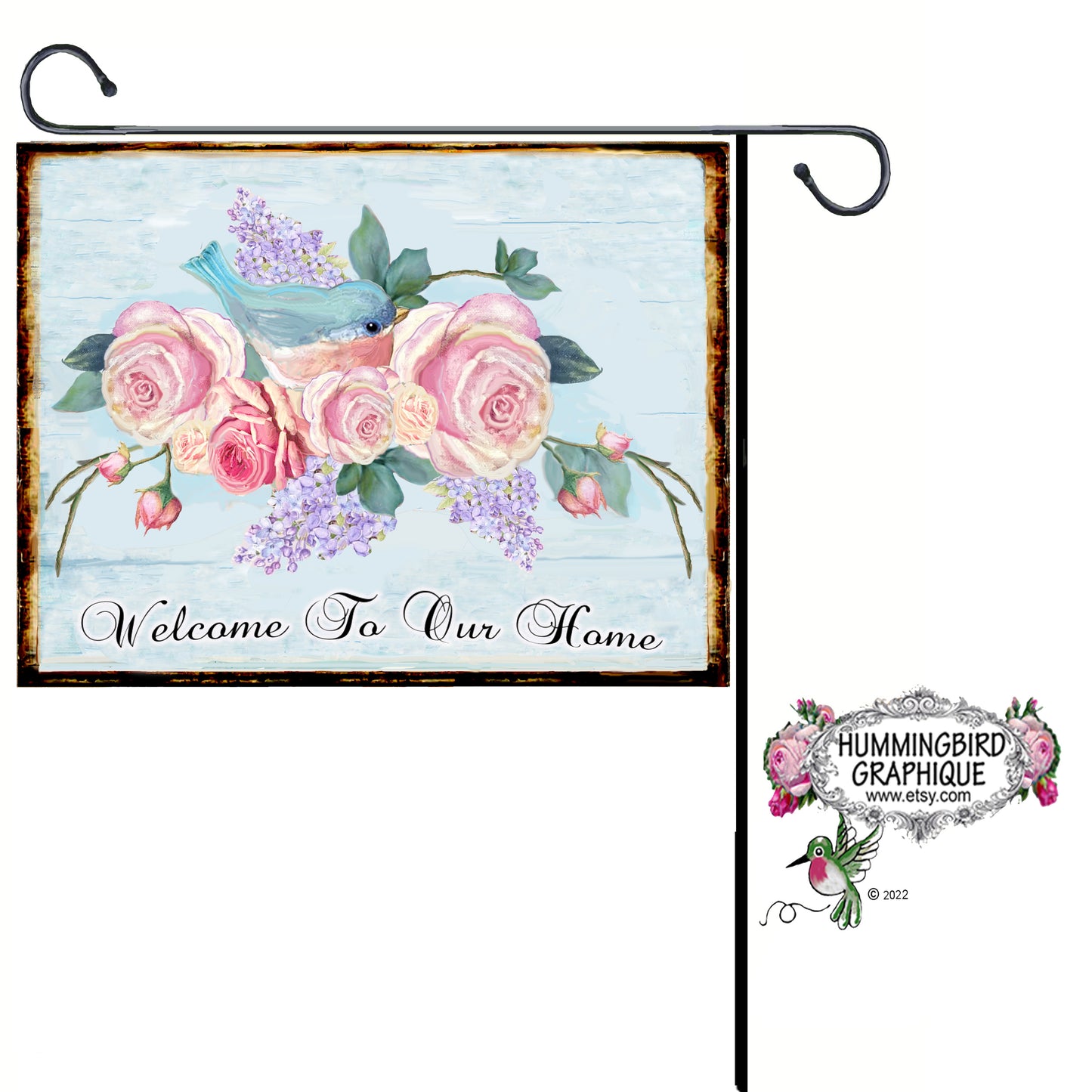 #1130 BEAUTIFUL BLUEBIRD ROSES LILACS WELCOME SIGN - COUNTRY IMAGE