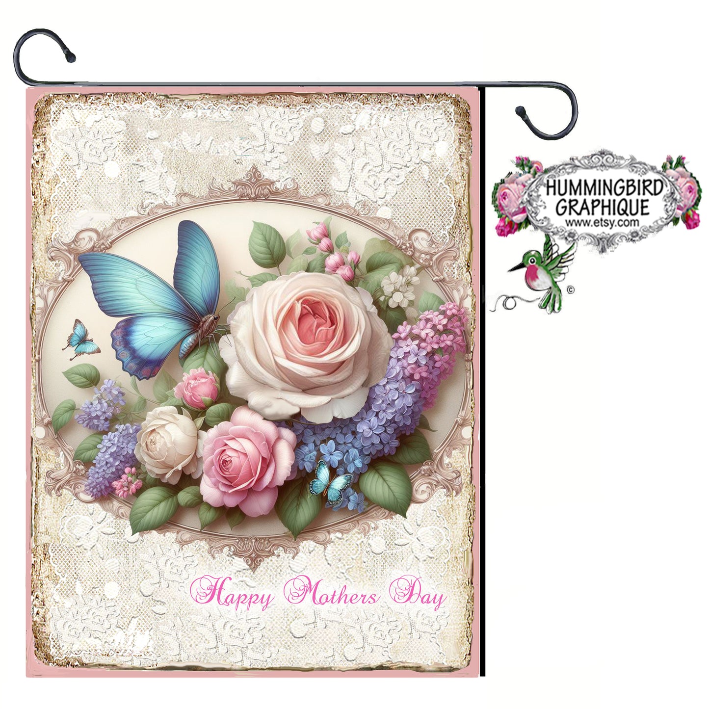 #1242 HERMOSAS ROSAS LILAS Y MARIPOSA SOBRE ENCAJE - HERMOSA IMAGEN SHABBY