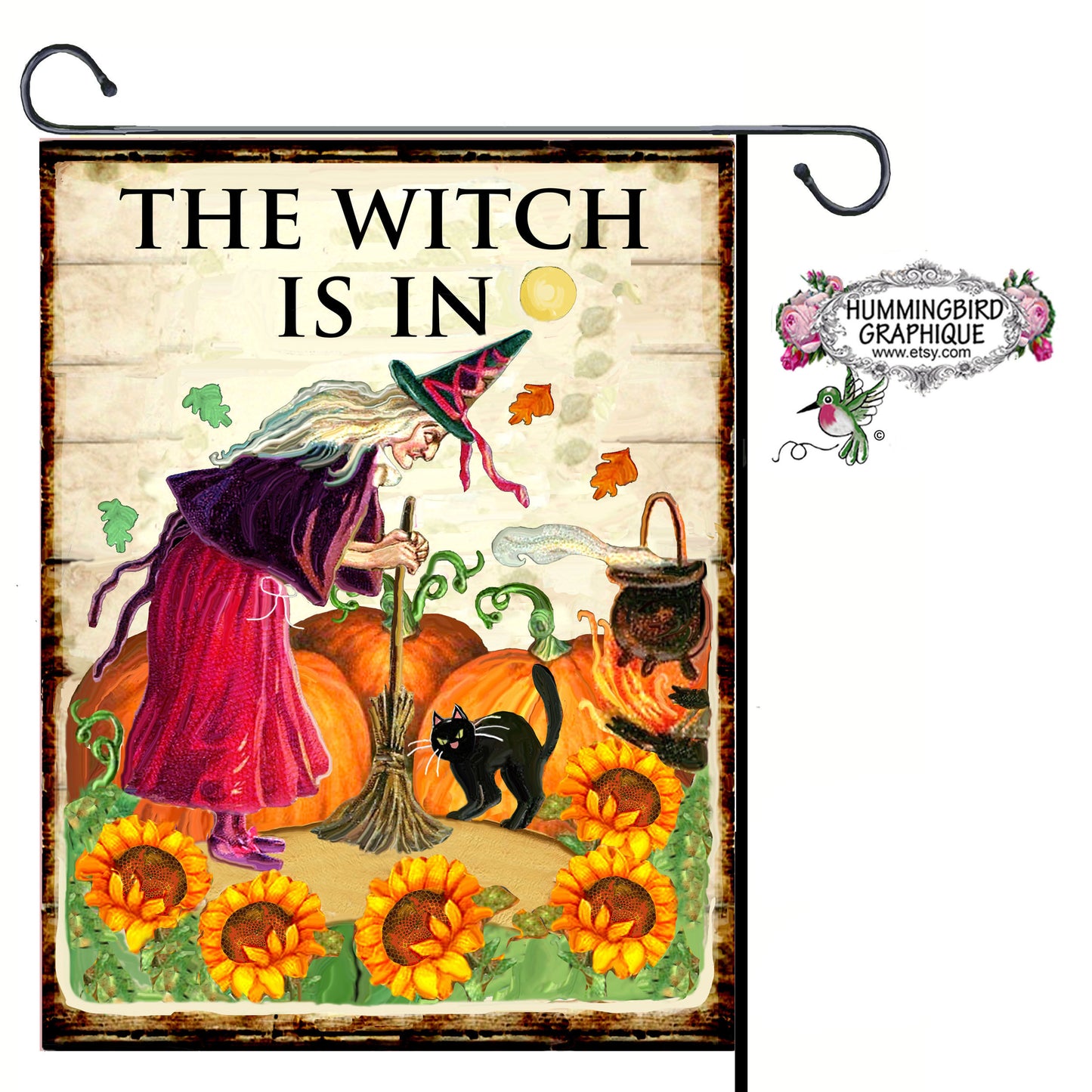 #1139 THE WITCH IS IN WITH HER BLACK CAT AND CAULDRON - DOOR HANGER