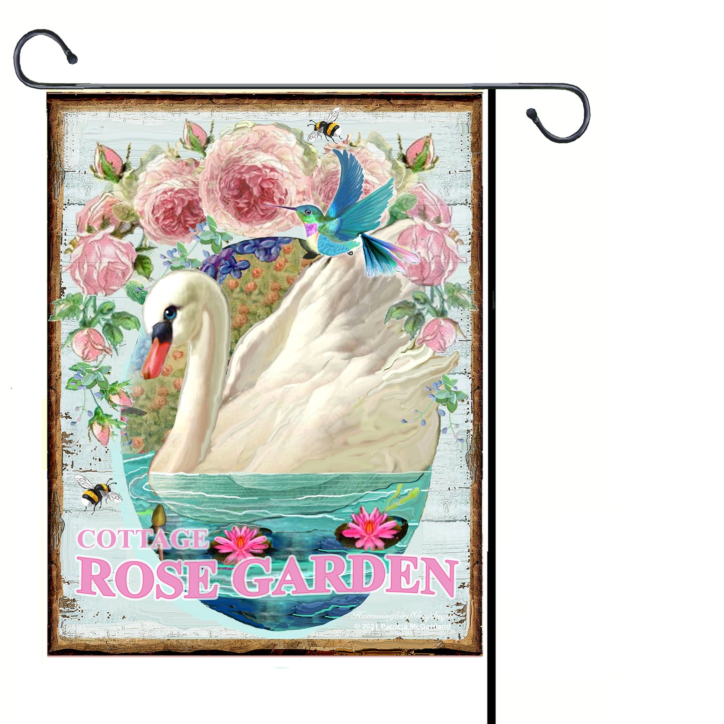 #1006 BEAUTIFUL SWAN WITH HUMMINGBIRD ROSES IN COTTAGE ROSE GARDEN - COUNTRY IMAGE