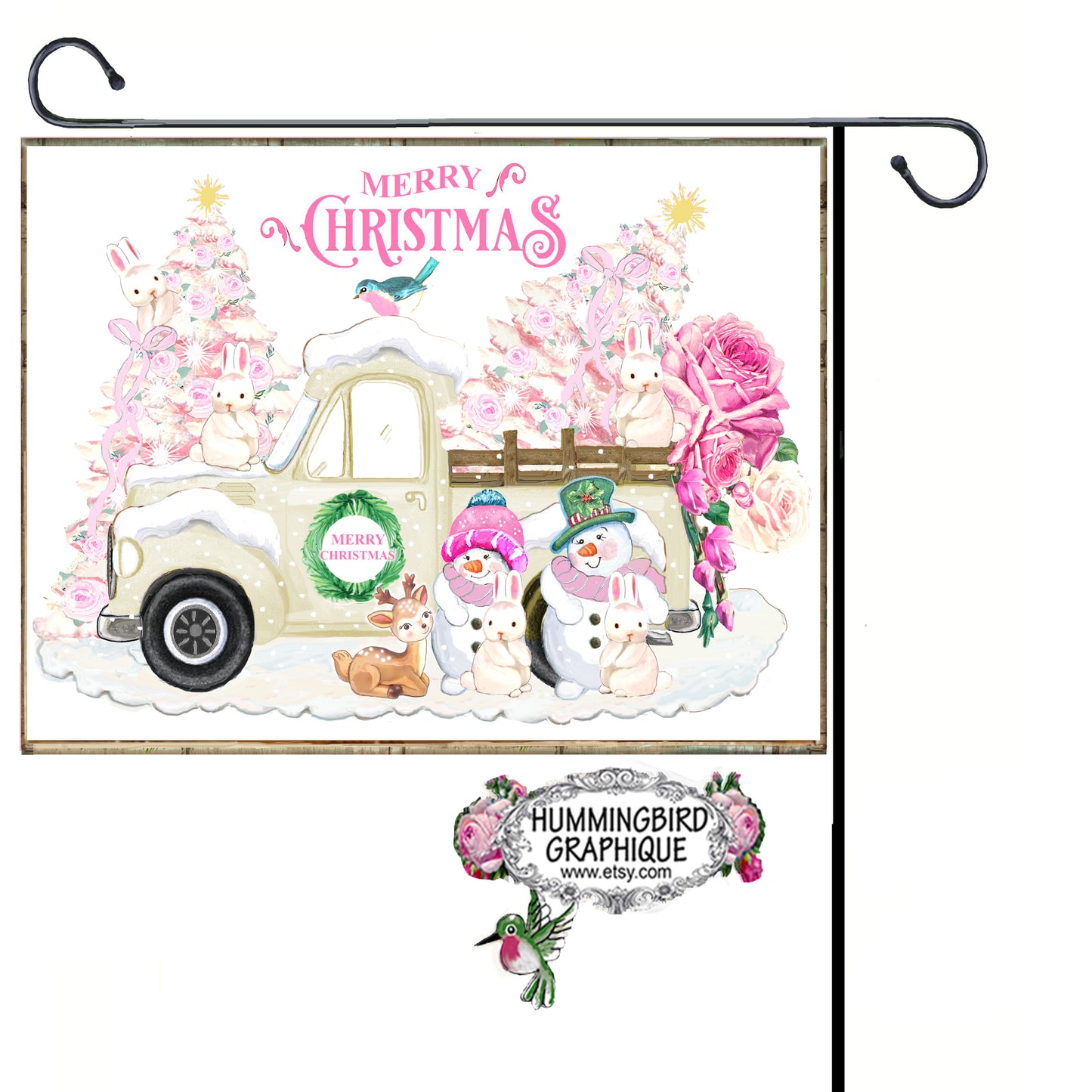 #1155 MERRY CHRISTMAS TRUCK WITH SNOWMEN PINK CHRISTMAS TREE AND BUNNIES - CHRISTMAS