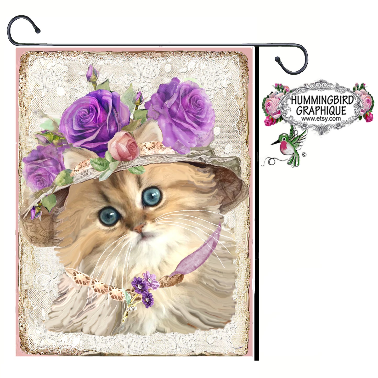 #1205 ADORABLE KITTEN WITH HAT LAVENDER ROSES AND NECKLACE - BEAUTIFUL SHABBY IMAGE