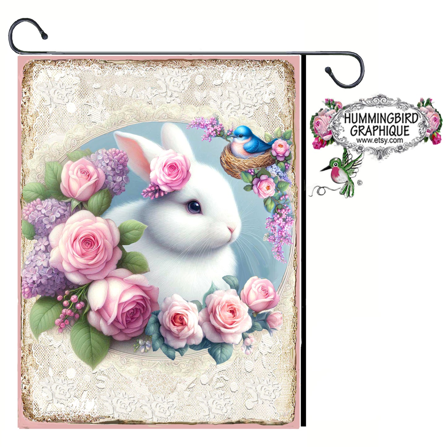 #1222B BEAUTIFUL BUNNY WITH ROSES LILACS AND BLUEBIRD IN NEST- BUNNIES