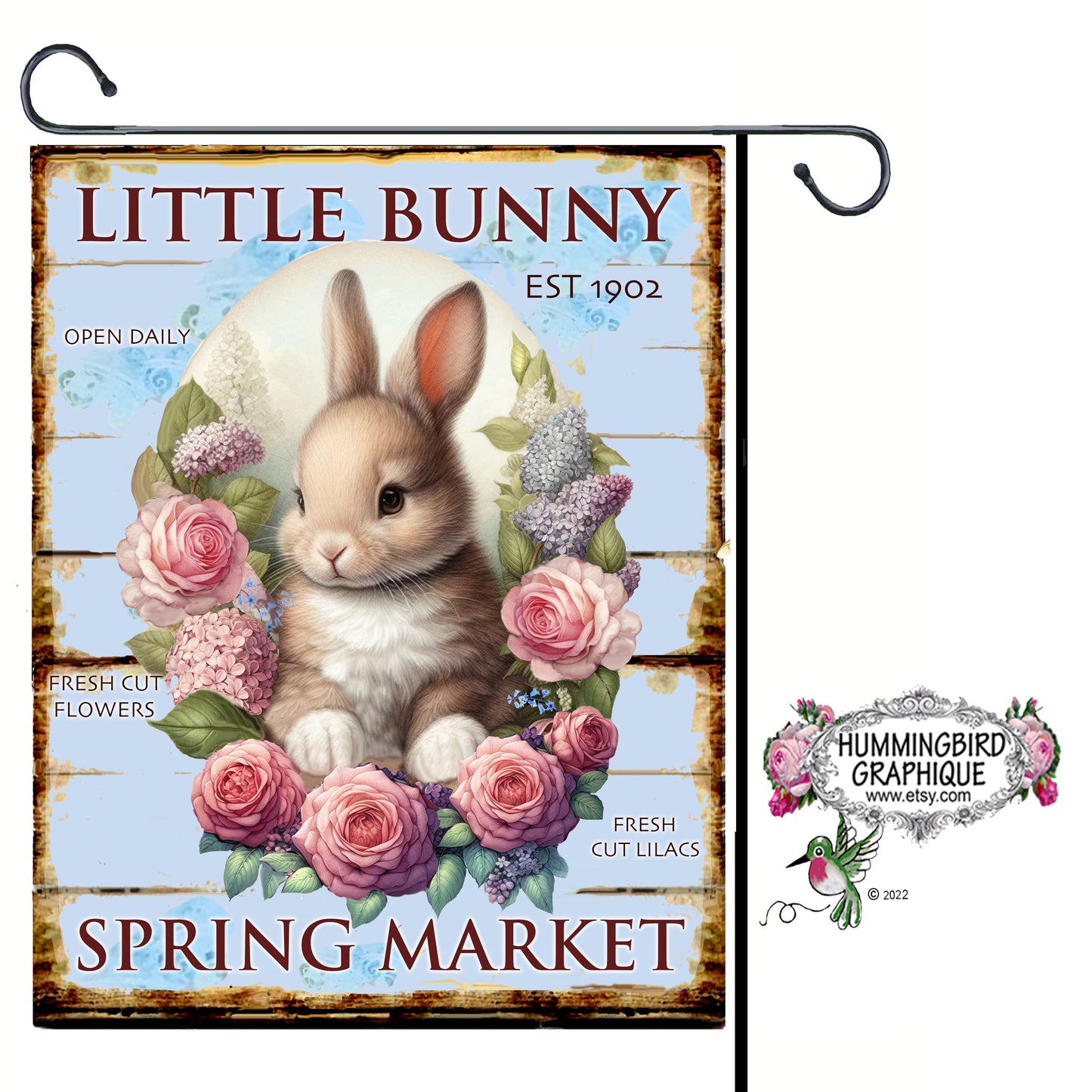 #1087BB COUNTRY LITTLE BABY BUNNY WITH ROSES AND LILACS WOOD SPRING MARKET SIGN- COUNTRY