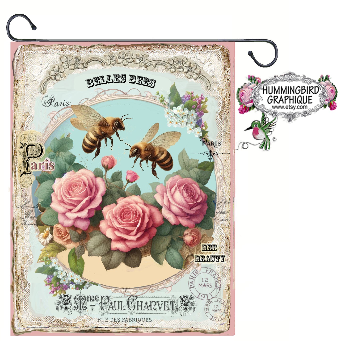 #301BE BEAUTIFUL VINTAGE HONEY BEES WITH FRENCH WORDS ON LACE- BEAUTIFUL SHABBY IMAGE