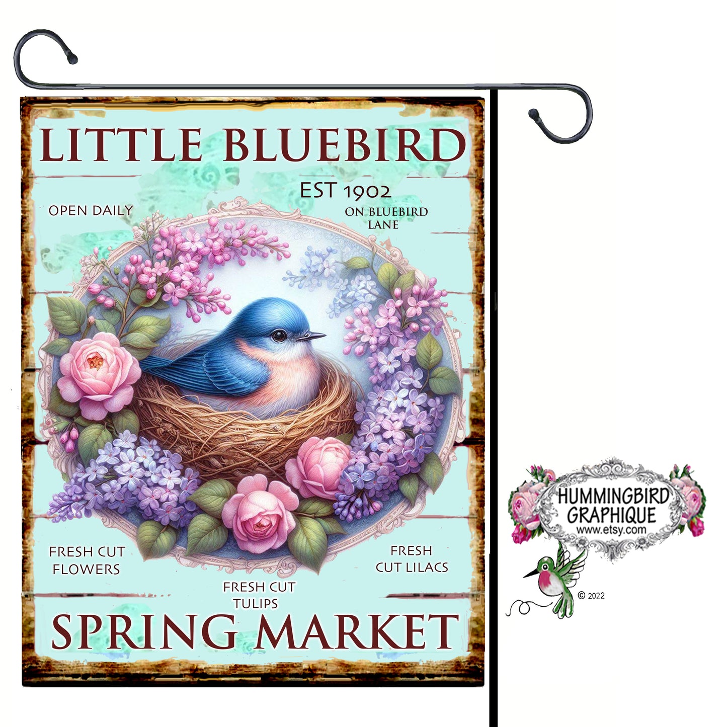 #1087BL  LITTLE BLUEBIRD IN NEST WITH EGGS ROSES AND LILACS COUNTRY WOOD SIGN - COUNTRY