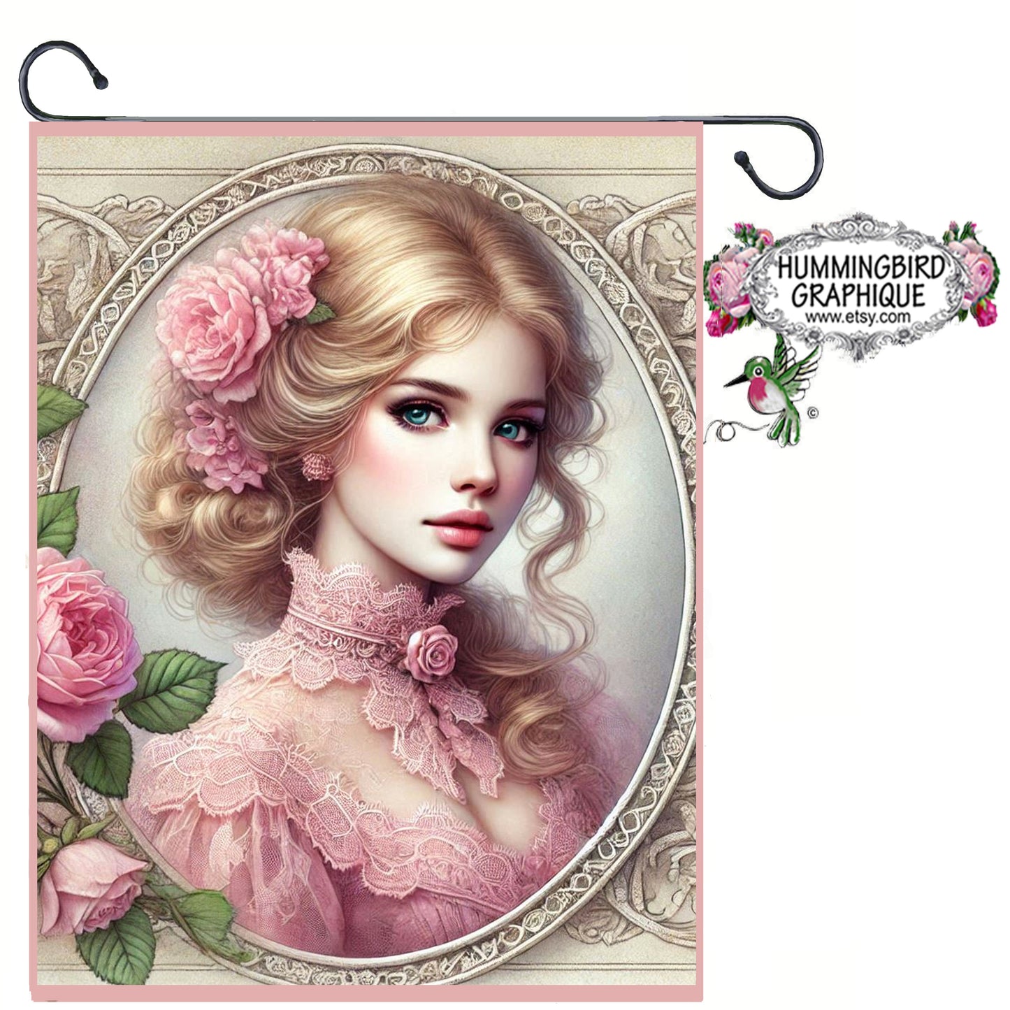 #301BLA BEAUTIFUL VICTORIAN LADY IN SHEER PINK BLOUSE AND ROSES- BEAUTIFUL SHABBY IMAGE