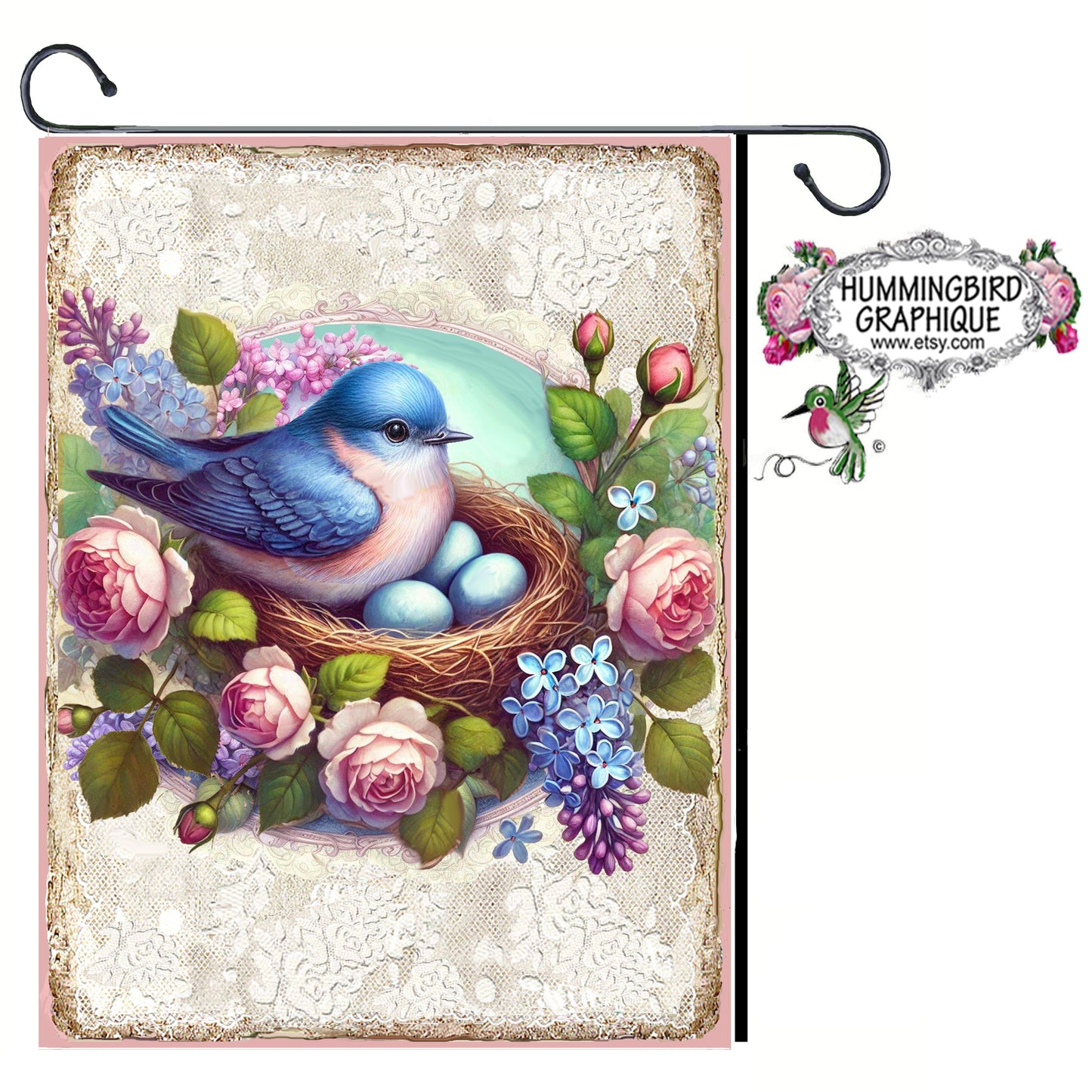 #1222BC BEAUTIFUL BLUEBIRD IN MY HEART WITH NEST AND EGGS - BEAUTIFUL SHABBY IMAGE