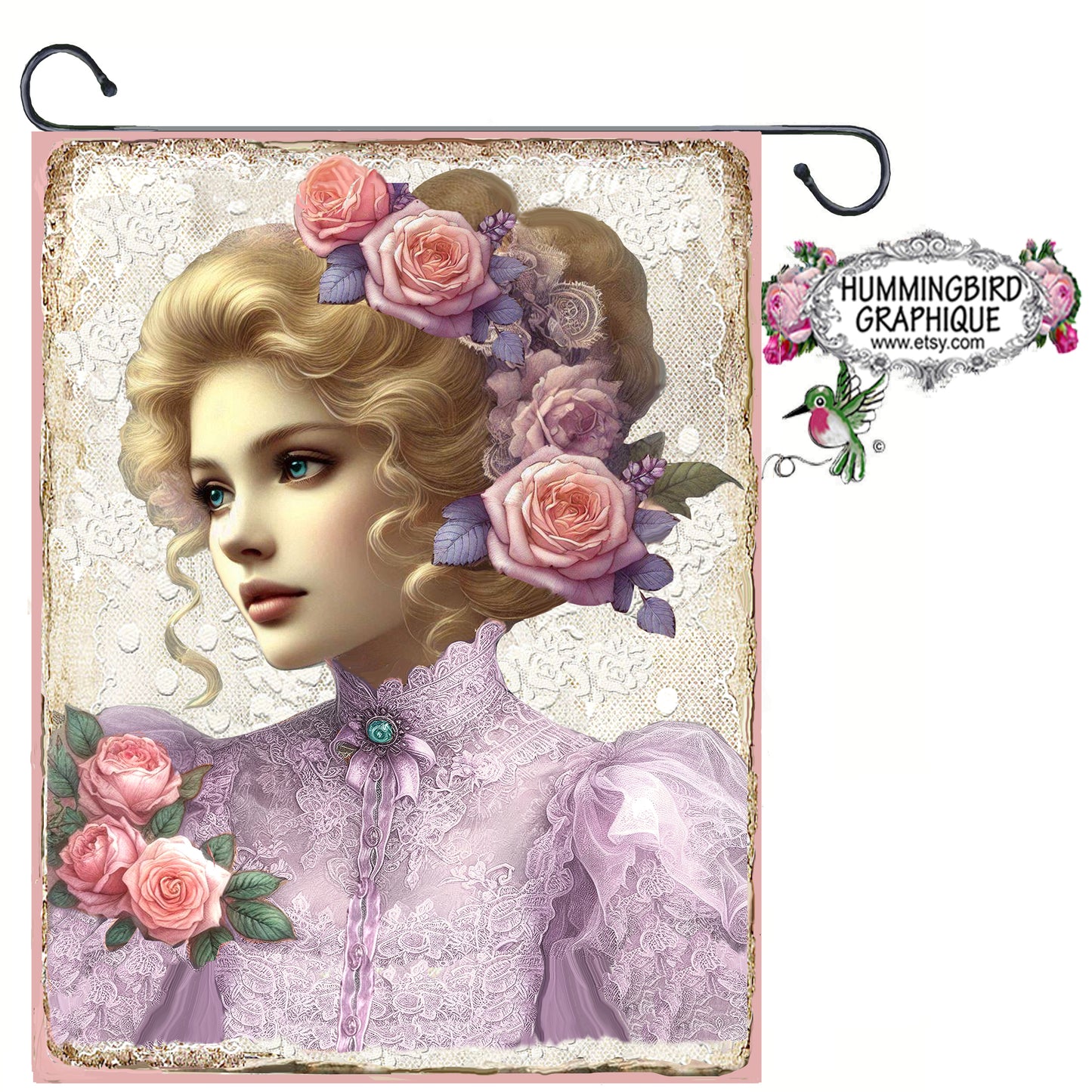 #301BW BEAUTIFUL VICTORIAN LADY WITH PINK ROSES LAVENDER BLOUSE ON LACE - BEAUTIFUL SHABBY IMAGE