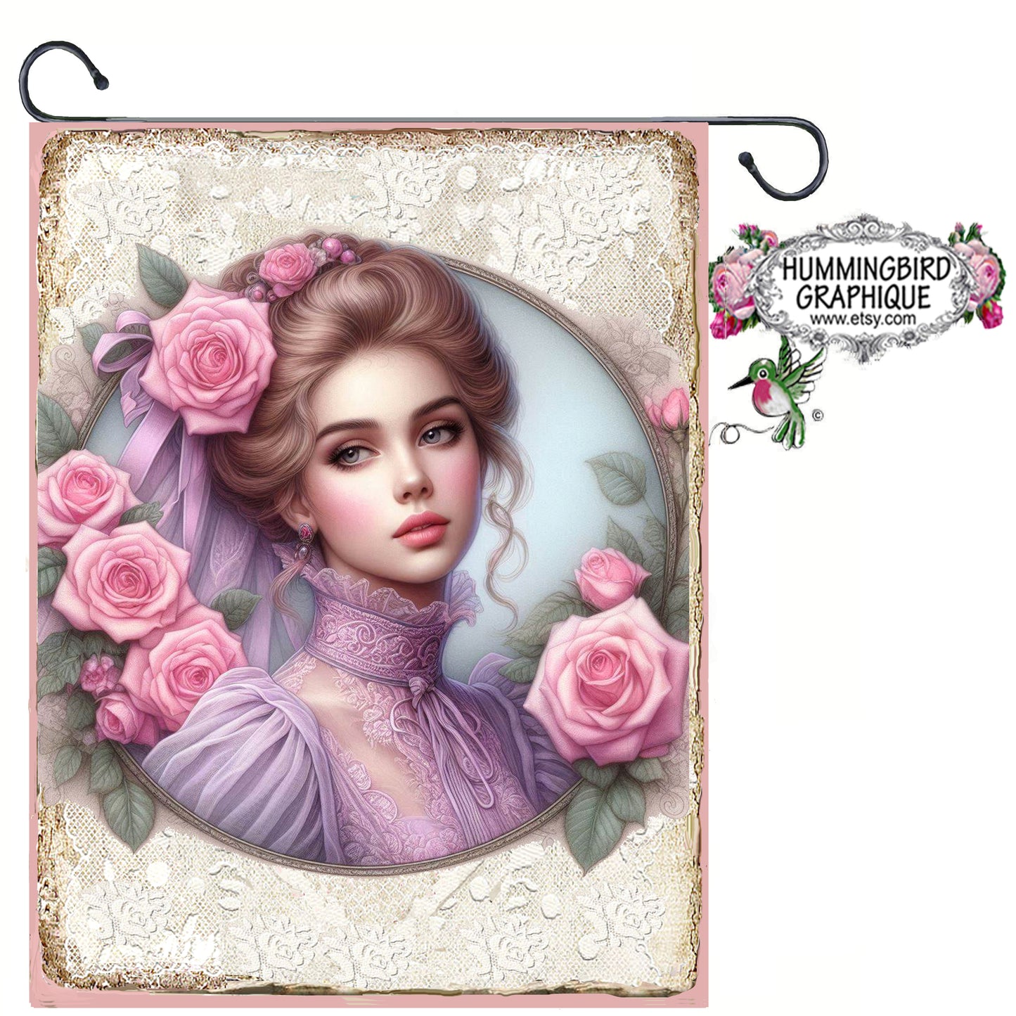 #301BWW BEAUTIFUL VICTORIAN LADY IN LAVENDER SHEER BLOUSE WITH PINK ROSES ON LACE - BEAUTIFUL SHABBY IMAGE