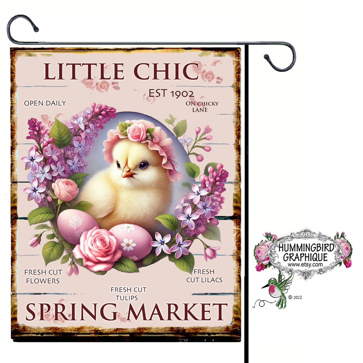 #1087CH CHARMING LITTLE CHIC IN BONNET WITH ROSES LILACS EASTER EGGS WOOD SIGN - COUNTRY