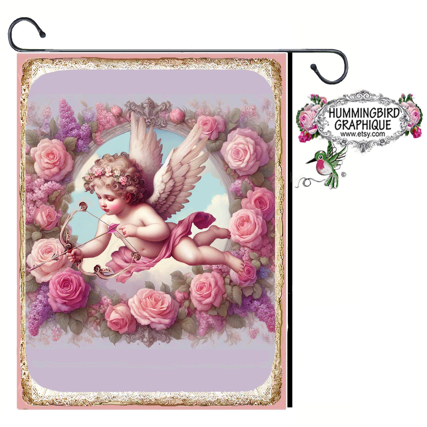 #1222CV BEAUTIFUL CUPID WITH BOW AND ARROW WITH ROSES AND LILACS - BEAUTIFUL SHABBY IMAGE
