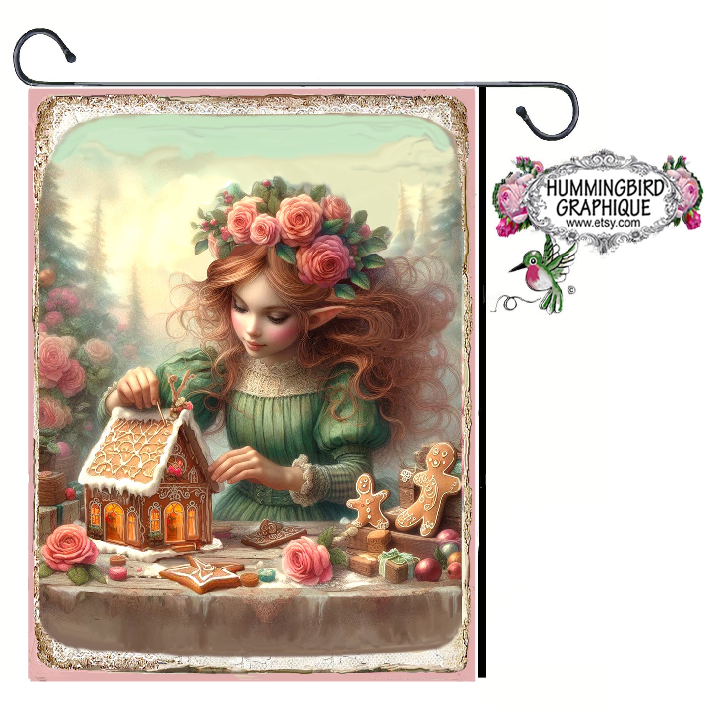 #1222E ENCHANTING LITTLE GIRL ELF MAKING A GINGERBREAD HOUSE IN HER BAKE SHOP - CHRISTMAS