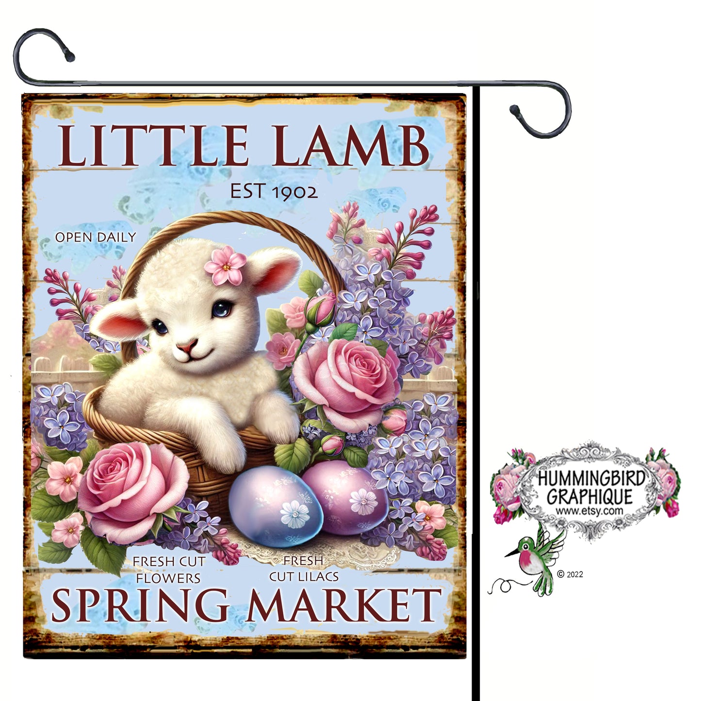 #1087LL COUNTRY LITTLE LAMB WITH ROSES AND LILACS IN EASTER BASKET WOOD SPRING MARKET SIGN- COUNTRY