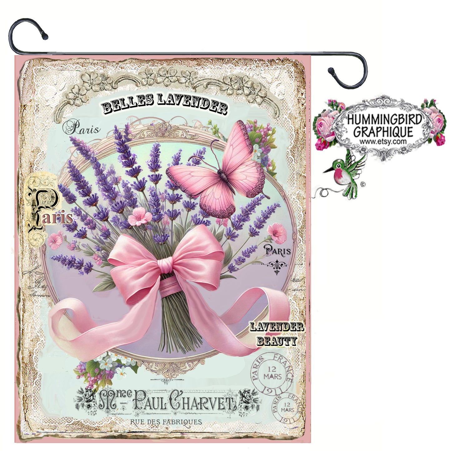 #301L BEAUTIFUL LAVENDER WITH PINK SHEER BOW ON LACE WITH FRENCH WORDS -BEAUTIFUL SHABBY IMAGE