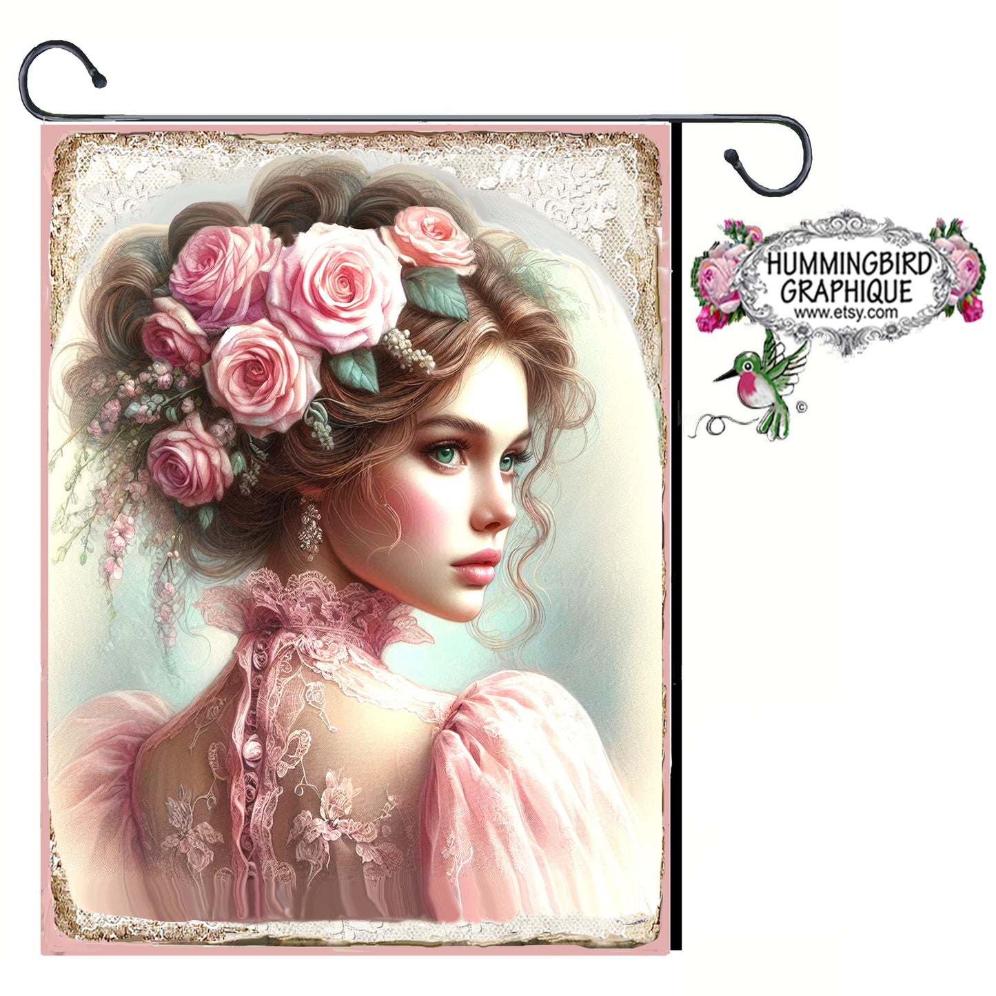 #1222my  BEAUTIFUL VICTORIAN WOMAN IN PINK SHEER LACE- BEAUTIFUL SHABBY IMAGE