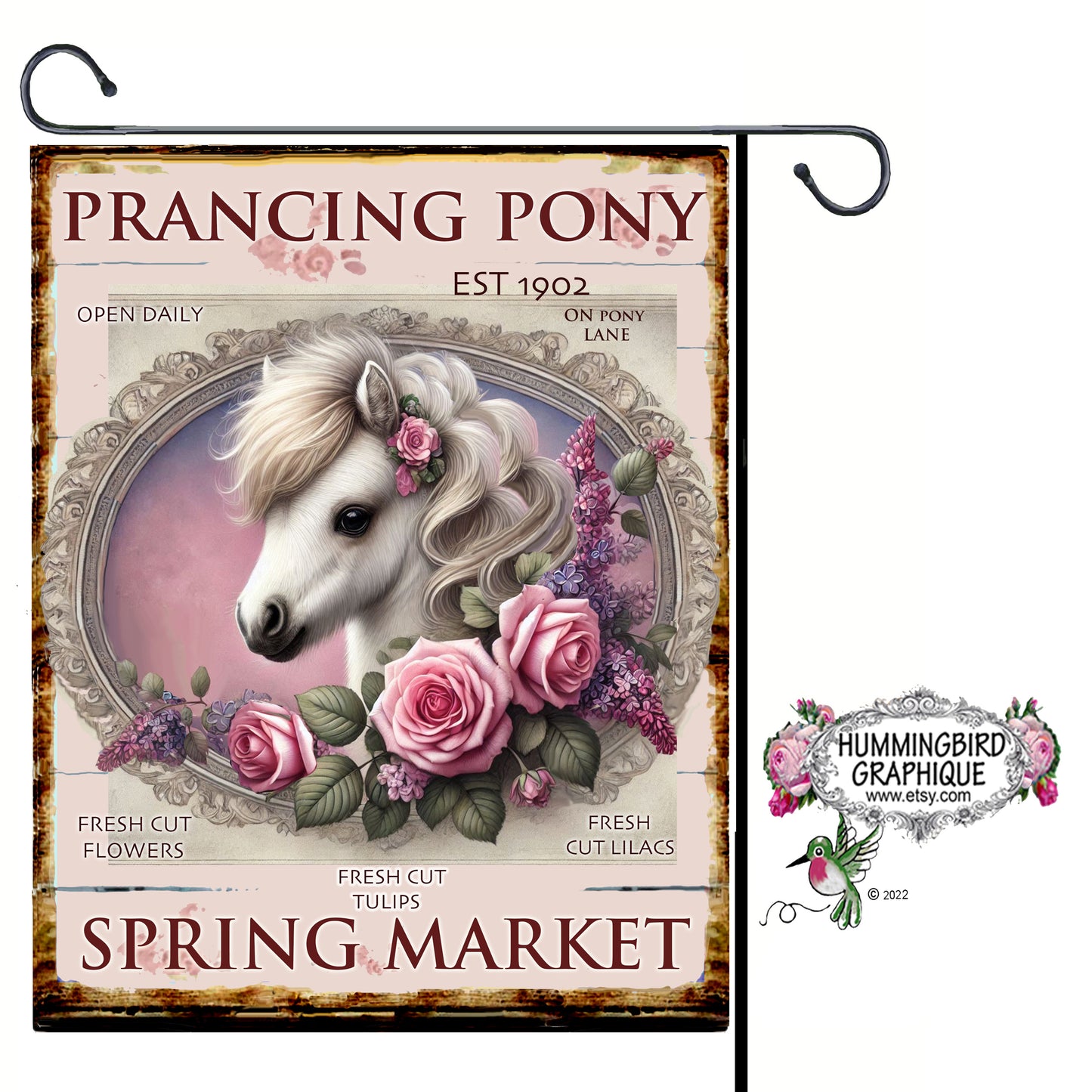 #1086PP PRECIOUS PRANCING PONY WITH ROSES AND LILACS COUNTRY MARKED SIGN - COUNTRY