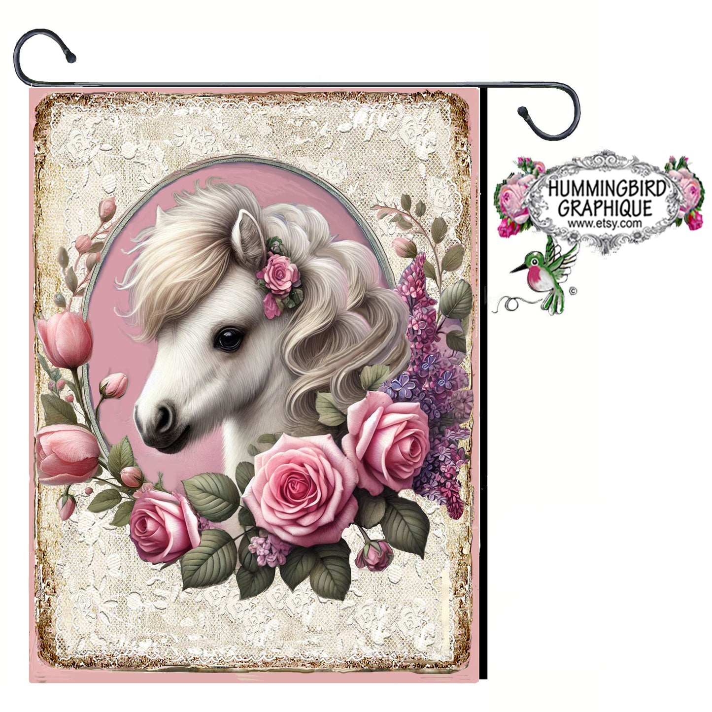 #1222PPP BEAUTIFUL BABY PRANCING PONY WITH ROSES TULIPS LILACS AND LACE - BEAUTIFUL SHABBY IMAGE