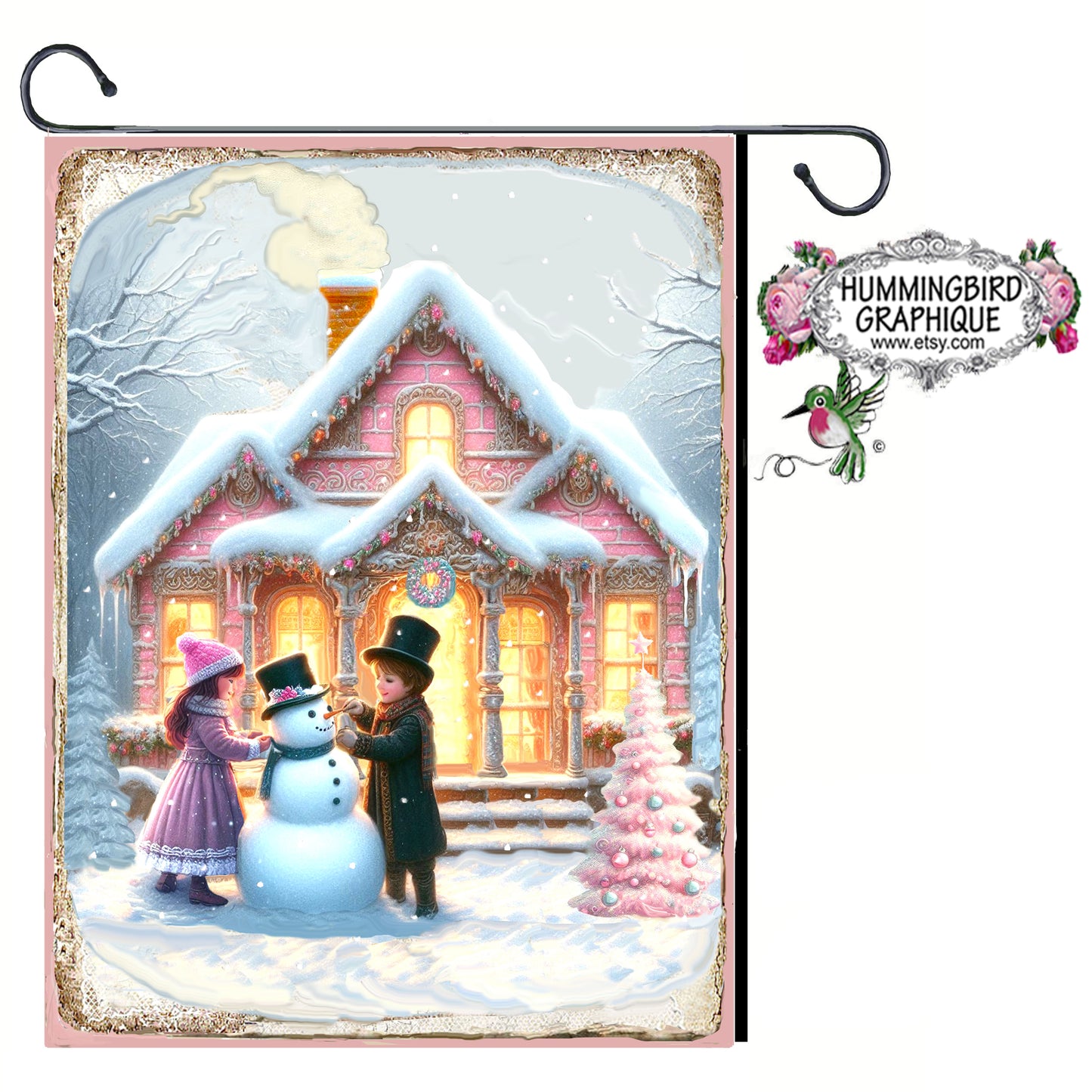 #1222SK BEAUTIFUL PINK VICTORIAN HOUSE WITH VICTORIAN CHILDREN BUILDING A SNOWMAN ON A SNOWY DAY- CHRISTMAS