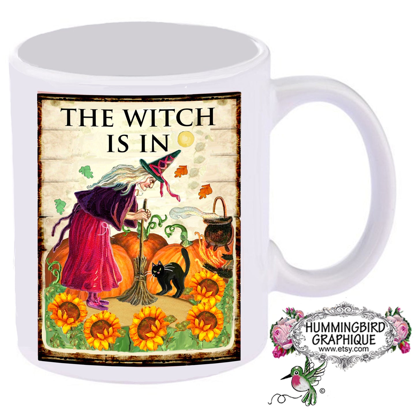 #1139 THE WITCH IS IN WITH HER BLACK CAT AND CAULDRON - DOOR HANGER