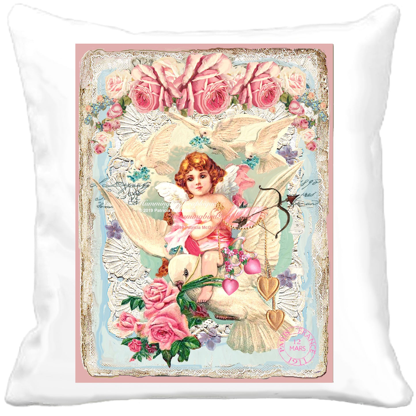 #433 ENCHANTING CHERUB RIDING A WHITE DOVE WITH CUPID BOW AND ARROW - BEAUTIFUL SHABBY IMAGE