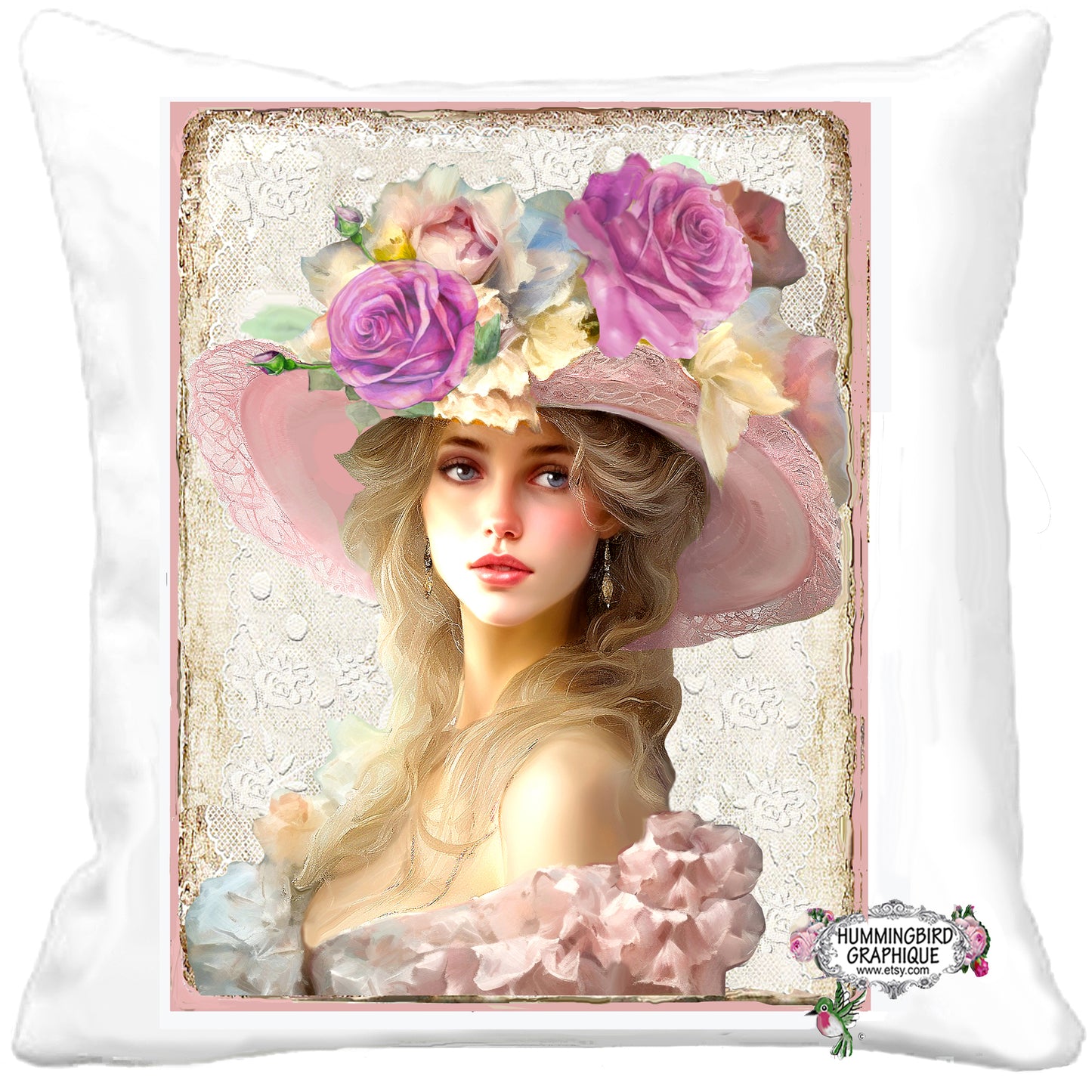 #1218 BELLE DAME VICTORIENNE AVEC CHAPEAU ROSE ET ROSES - BELLE IMAGE SHABBY