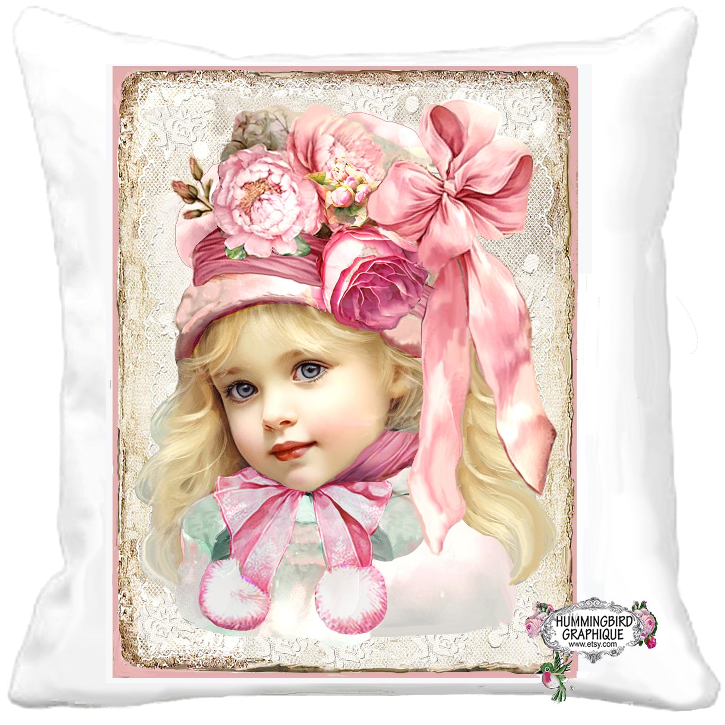 #1223 PRECIOSA NIÑA CON GORRO DE PEONÍA Y ROSAS CON LAZO - HERMOSA IMAGEN SHABBY