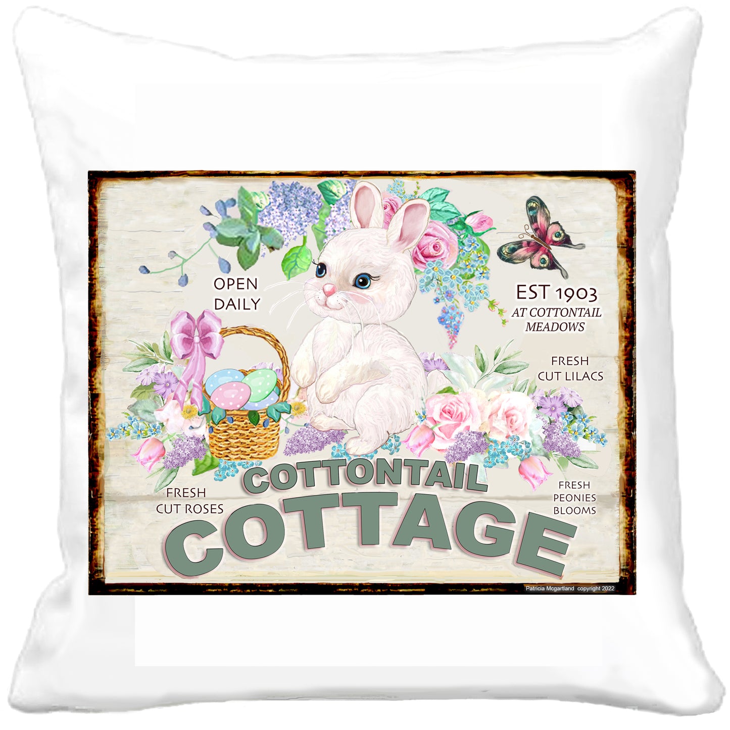 #1098 PRECIOUS COTTONTAIL COTTAGE WITH EASTER BASKET AND ROSES- COUNTRY IMAGE