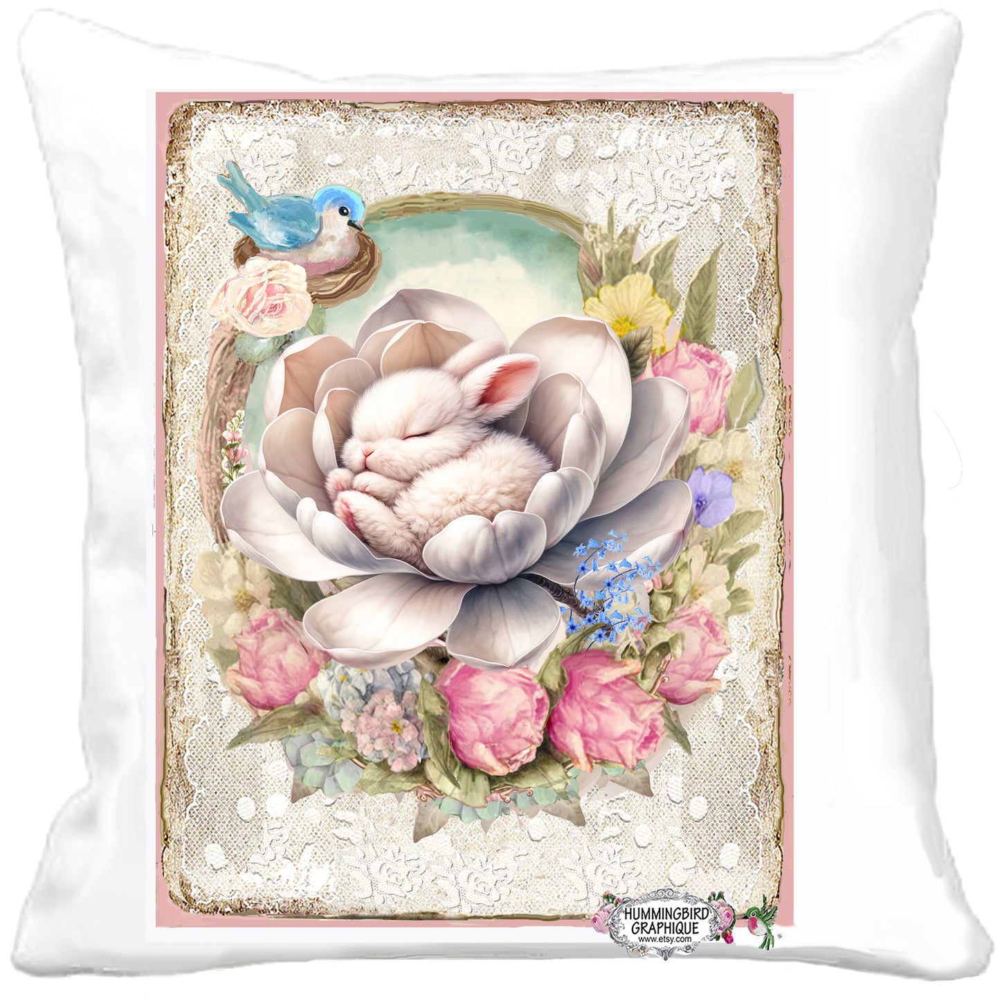 #1229 PRECIOUS BABY BUNNY ASLEEP IN MAGNOLIA BLOOM WITH BLUEBIRD AND NEST- BEAUTIFUL SHABBY IMAGE