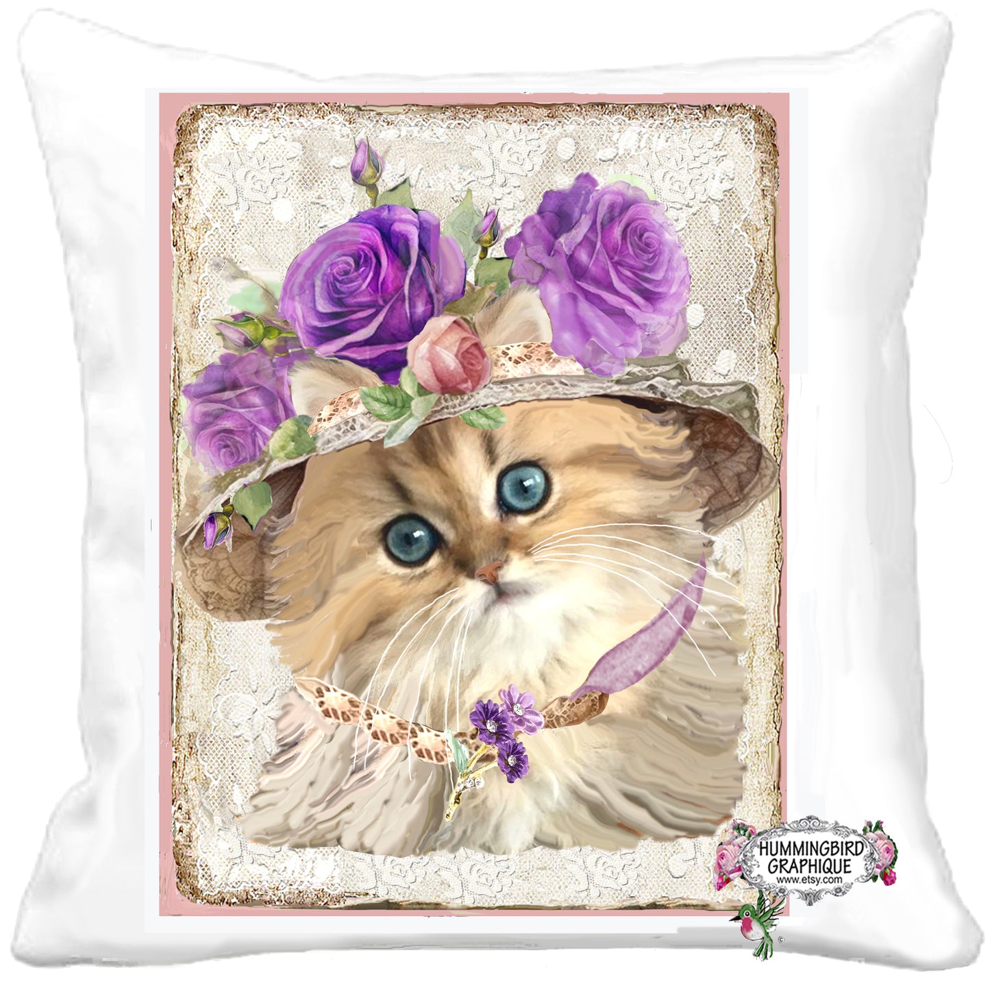 #1205 ADORABLE KITTEN WITH HAT LAVENDER ROSES AND NECKLACE - BEAUTIFUL SHABBY IMAGE